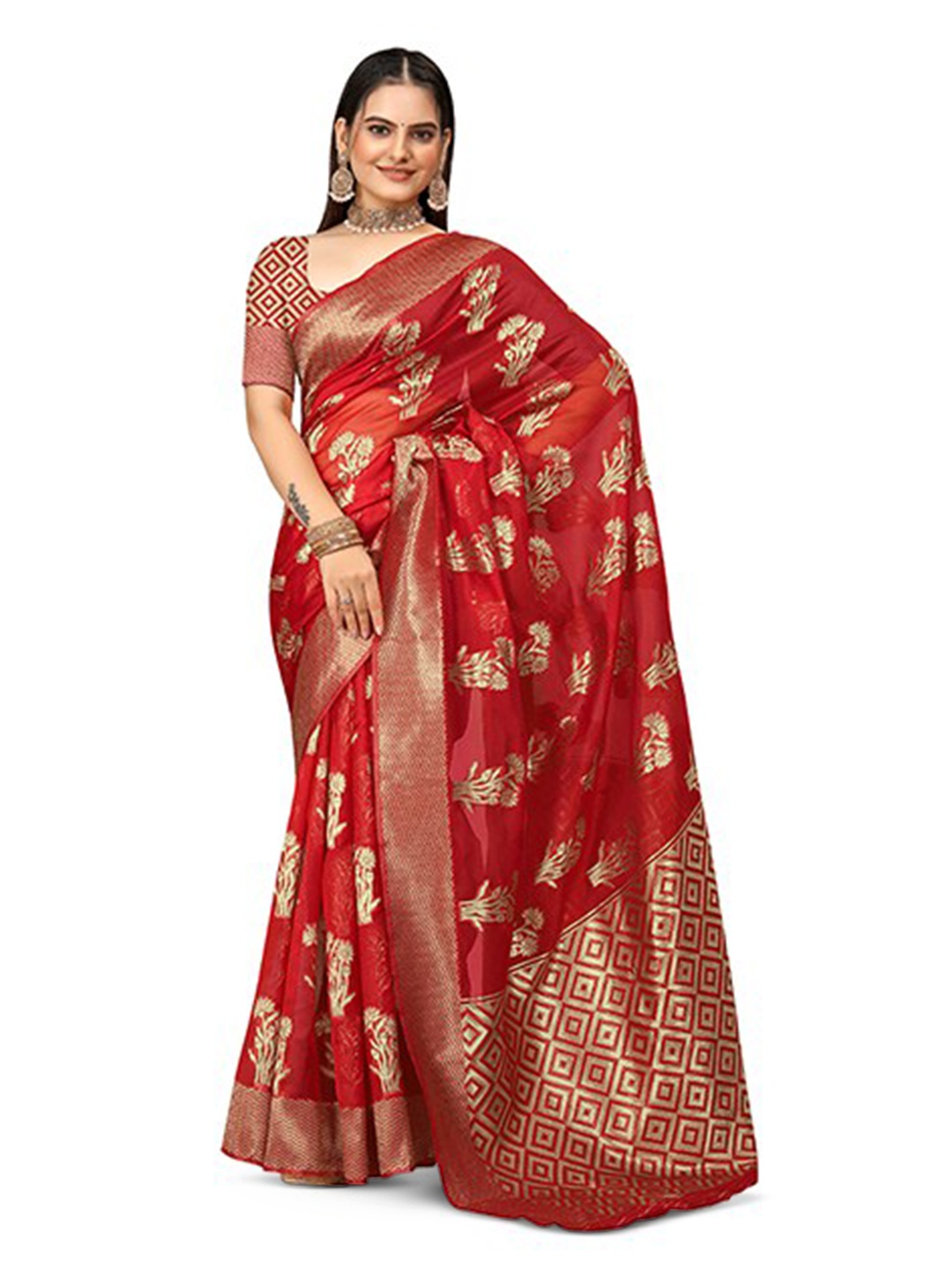 

Aagiri Woven Design Zari Organza Banarasi Saree, Red