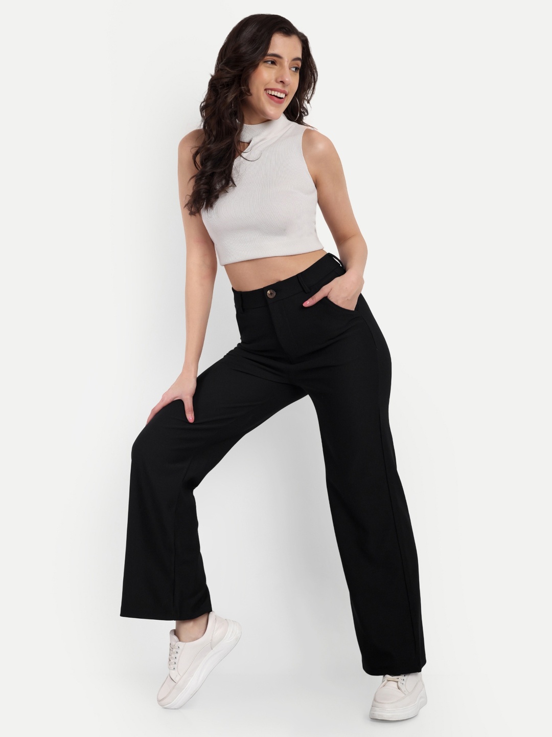 

Next One Women Smart Straight Fit High-Rise Easy Wash Cotton Corduroy Trouser, Black