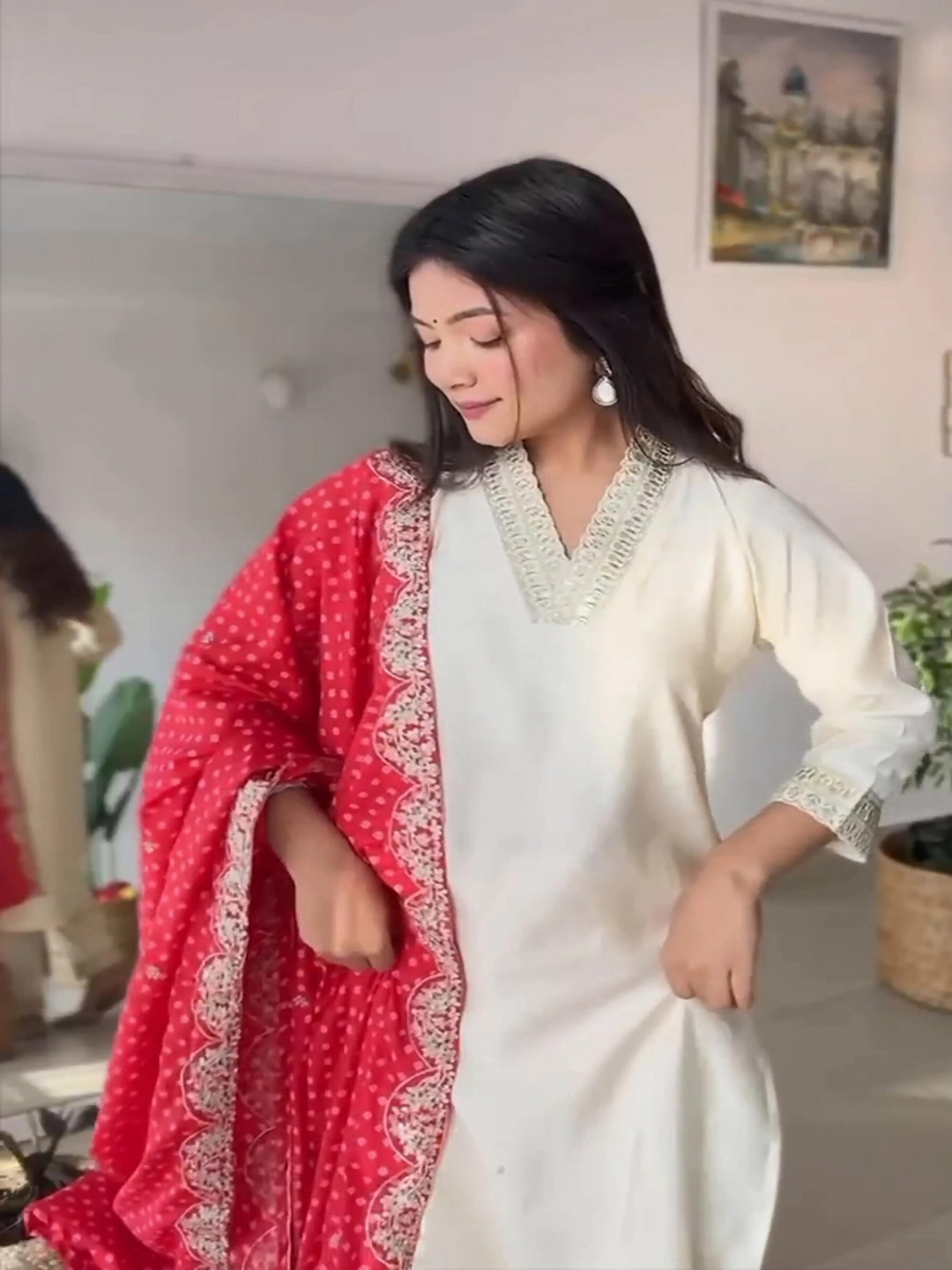 

KALINI Women Regular Sequinned Chanderi Silk Kurta with Trousers & With Dupatta, Cream