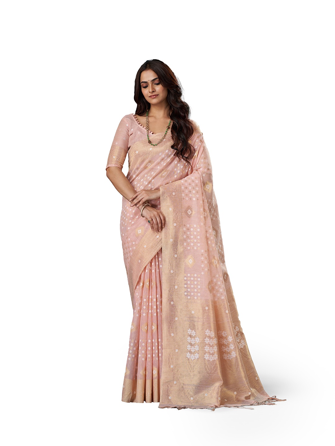 

SARHA Ethnic Motifs Printed Zari Pure Cotton Saree, Pink