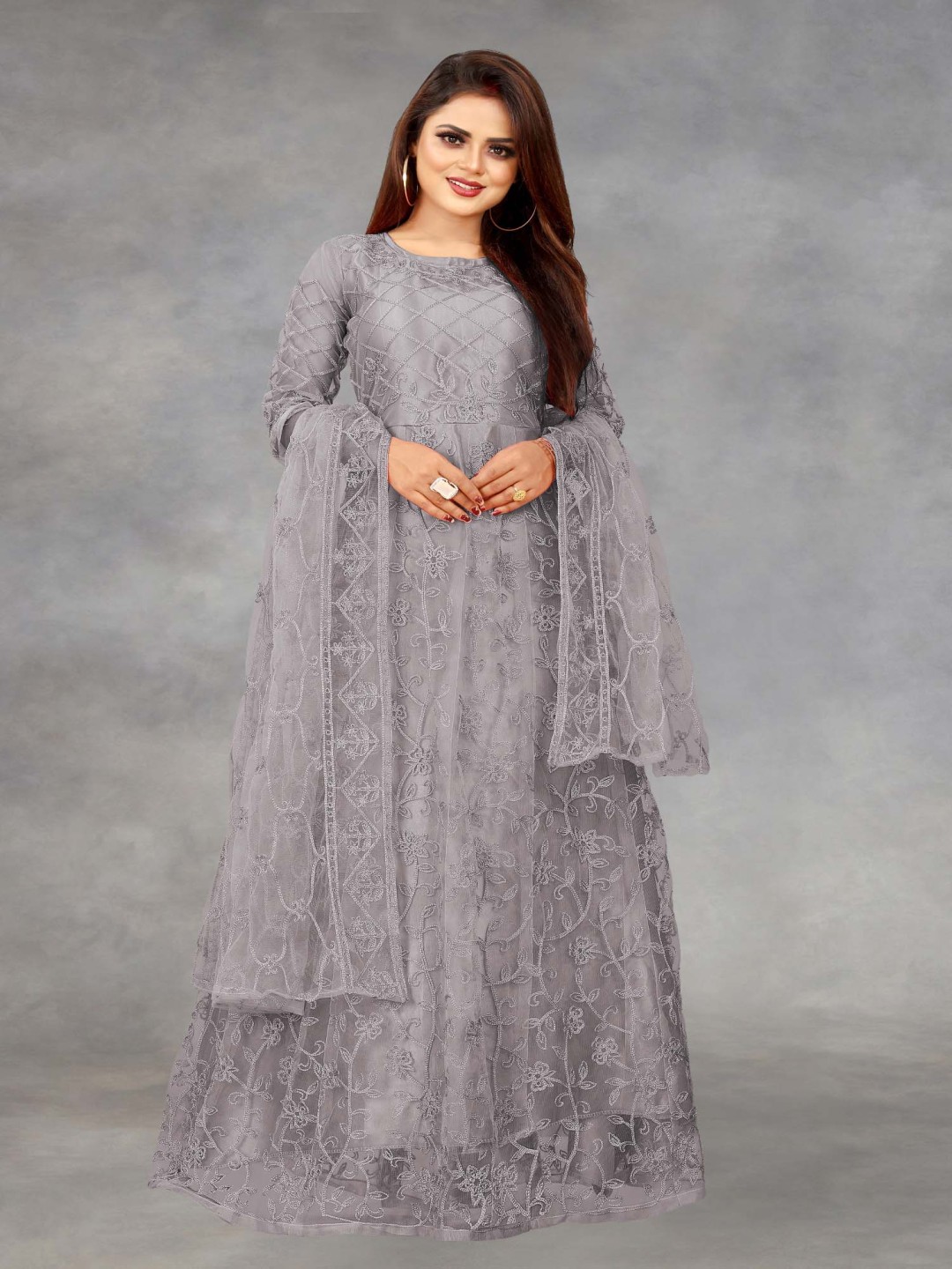 

Aika Women Embroidered Flared Sleeve Net Gown Maxi Dress, Grey