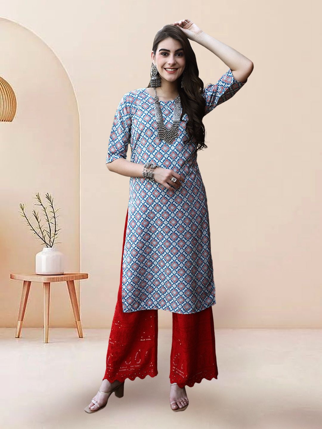 

7Threads Ethnic Motifs Printed Round Neck Straight Kurta, Blue