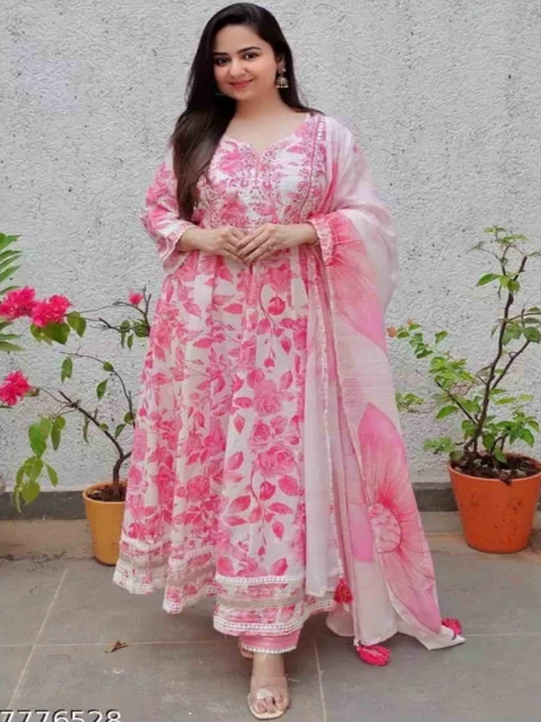 

KALINI Floral Printed Mirror Work Anarkali Kurta With Palazzos & Dupatta, Pink