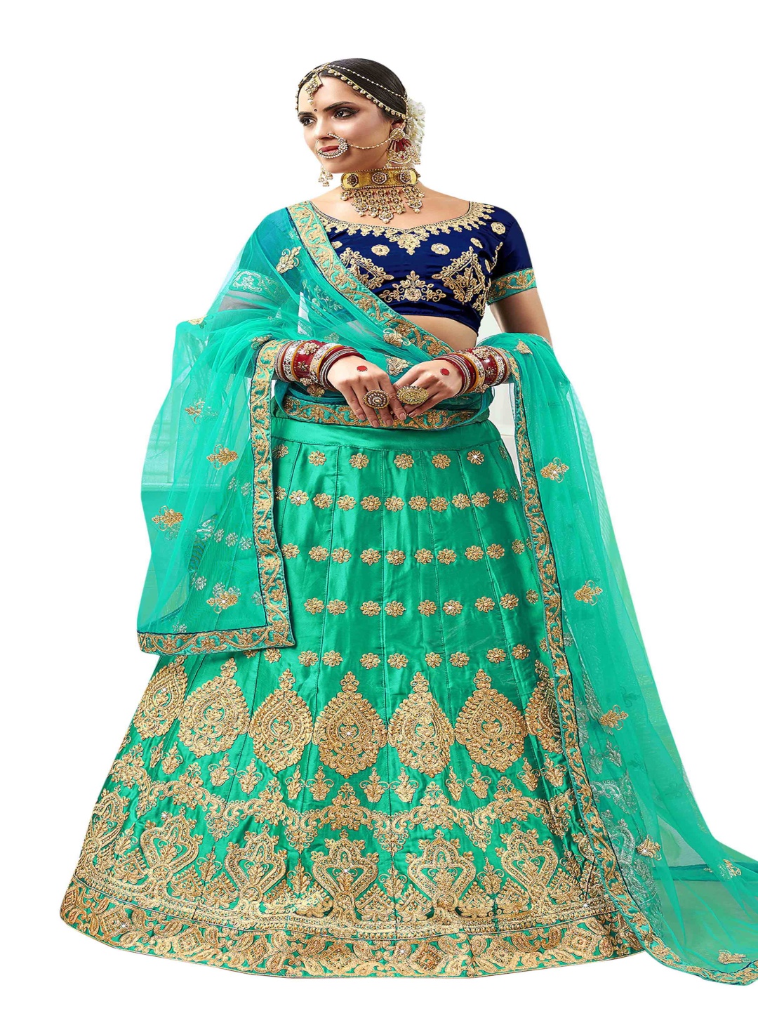 

Maroosh Embroidered Thread Work Unstitched Lehenga & Blouse With Dupatta, Sea green