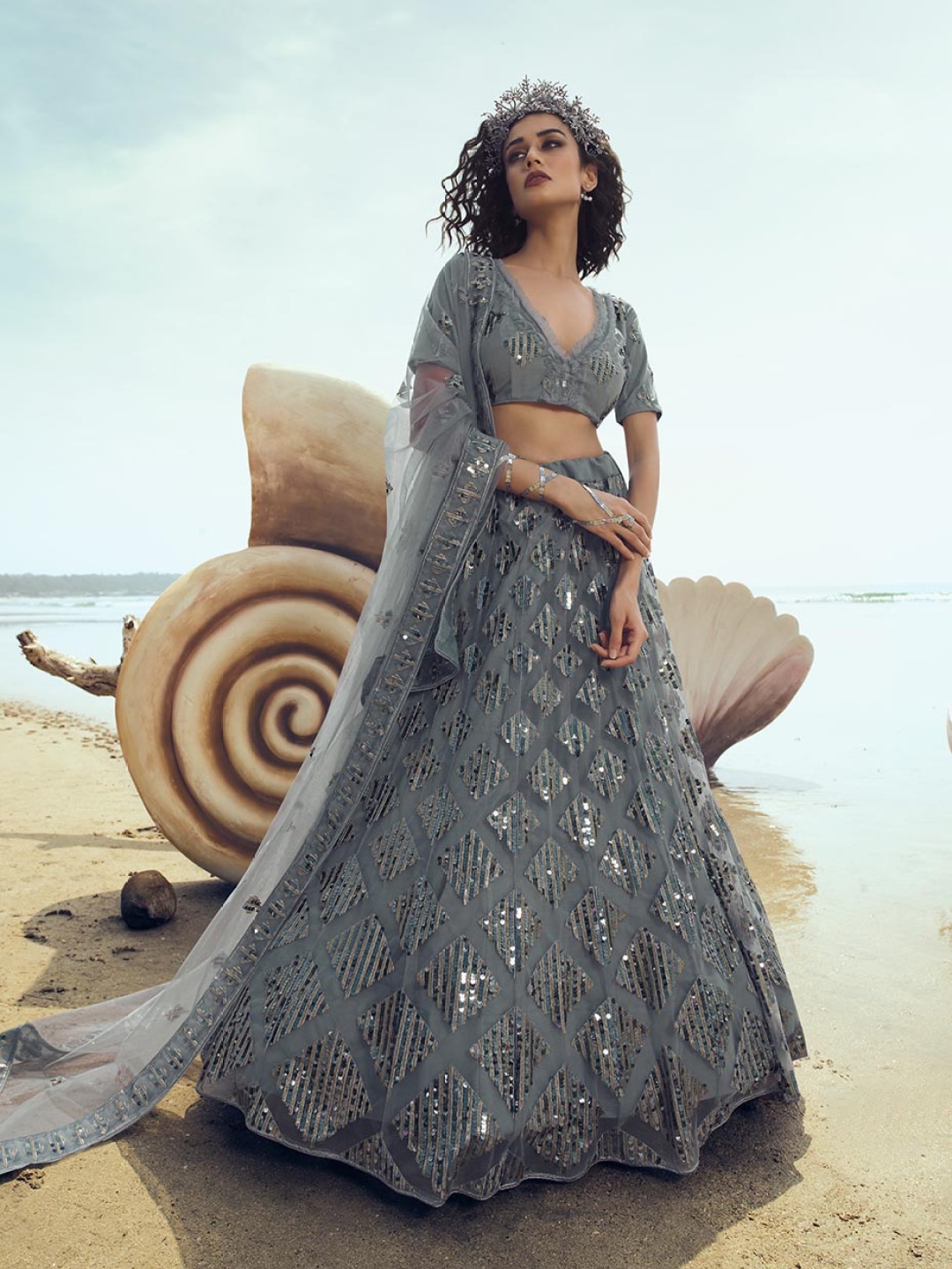 

Fusionic Embroidered Sequinned Semi-Stitched Lehenga & Unstitched Blouse With Dupatta, Grey