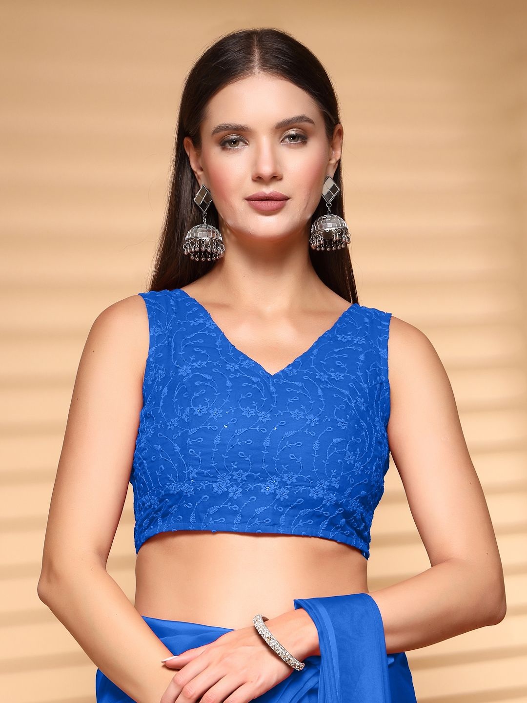 

Oomph! Embroidered V-Neck Saree Blouse, Blue