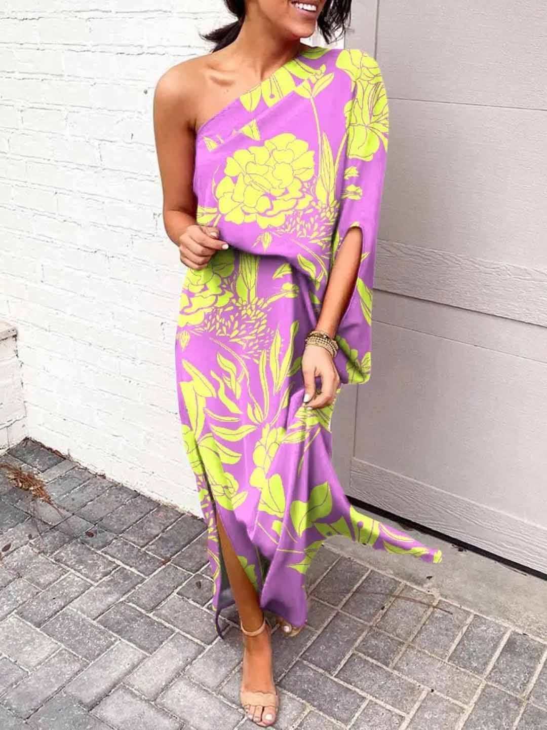 

KPOP Floral Printed One Shoulder Maxi Dress, Purple