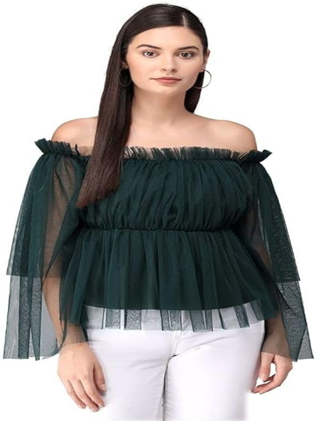 

BAESD Women Off-Shoulder Flared Sleeve Net Top, Green