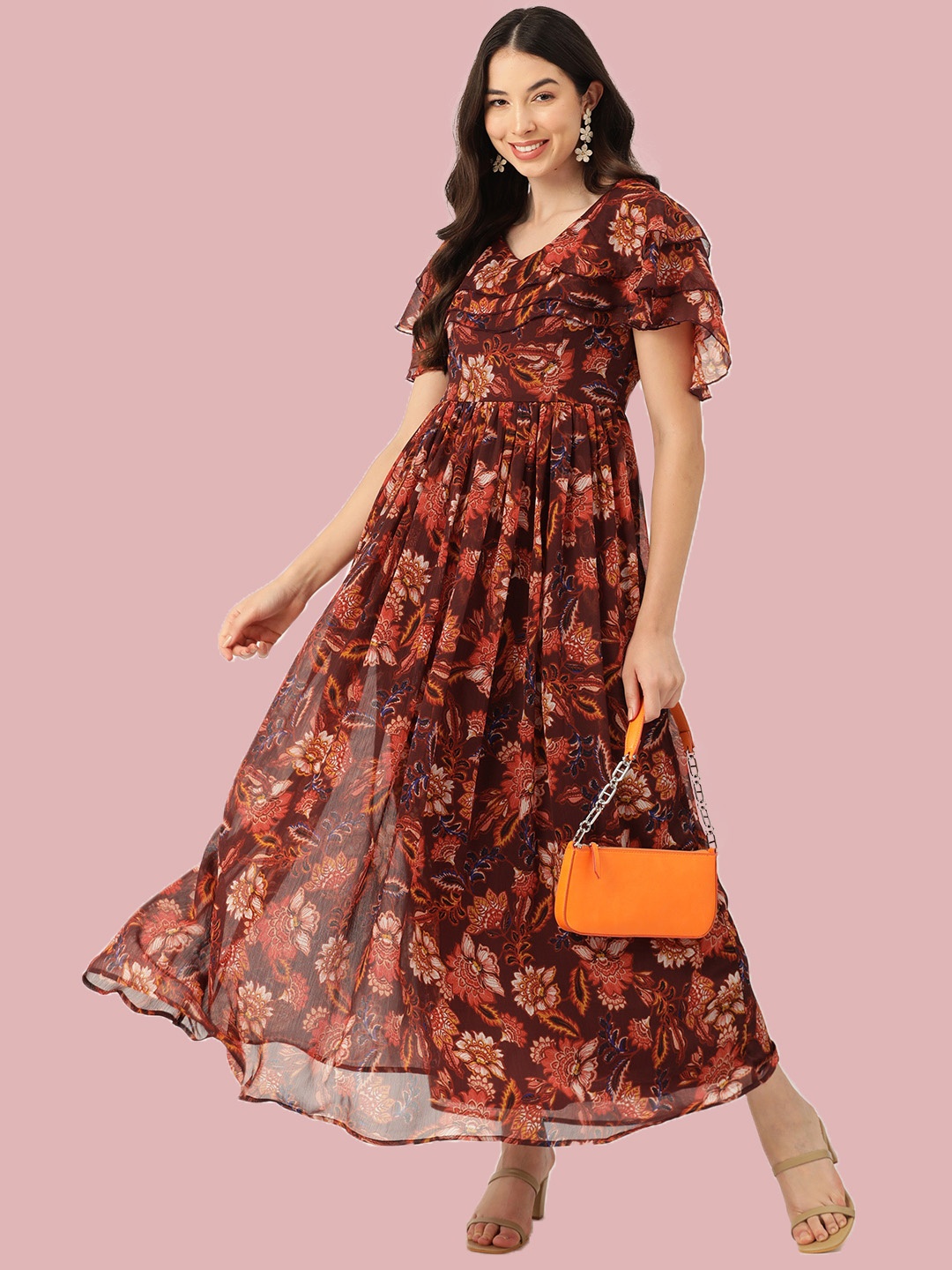 

Deewa Women Floral Printed Georgette Fit & Flare Maxi Dress, Maroon