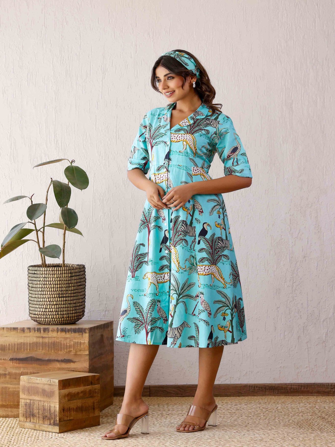 

FLAVIA CREATION Women Printed Cotton Shirt Collar A-Line Dress, Blue