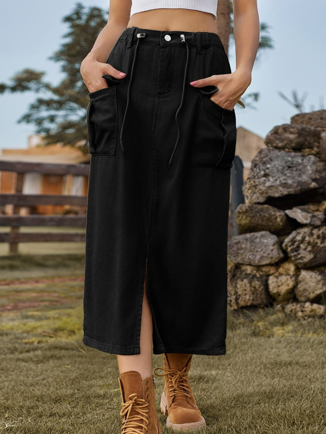 

4WRD by Dressberry Denim Straight Midi Skirts, Black