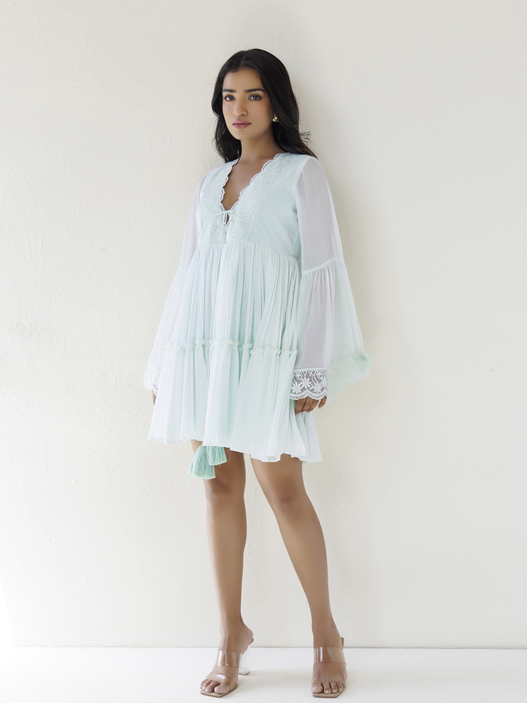 

Ragavi Bell Sleeve Chiffon Empire Dress, Green