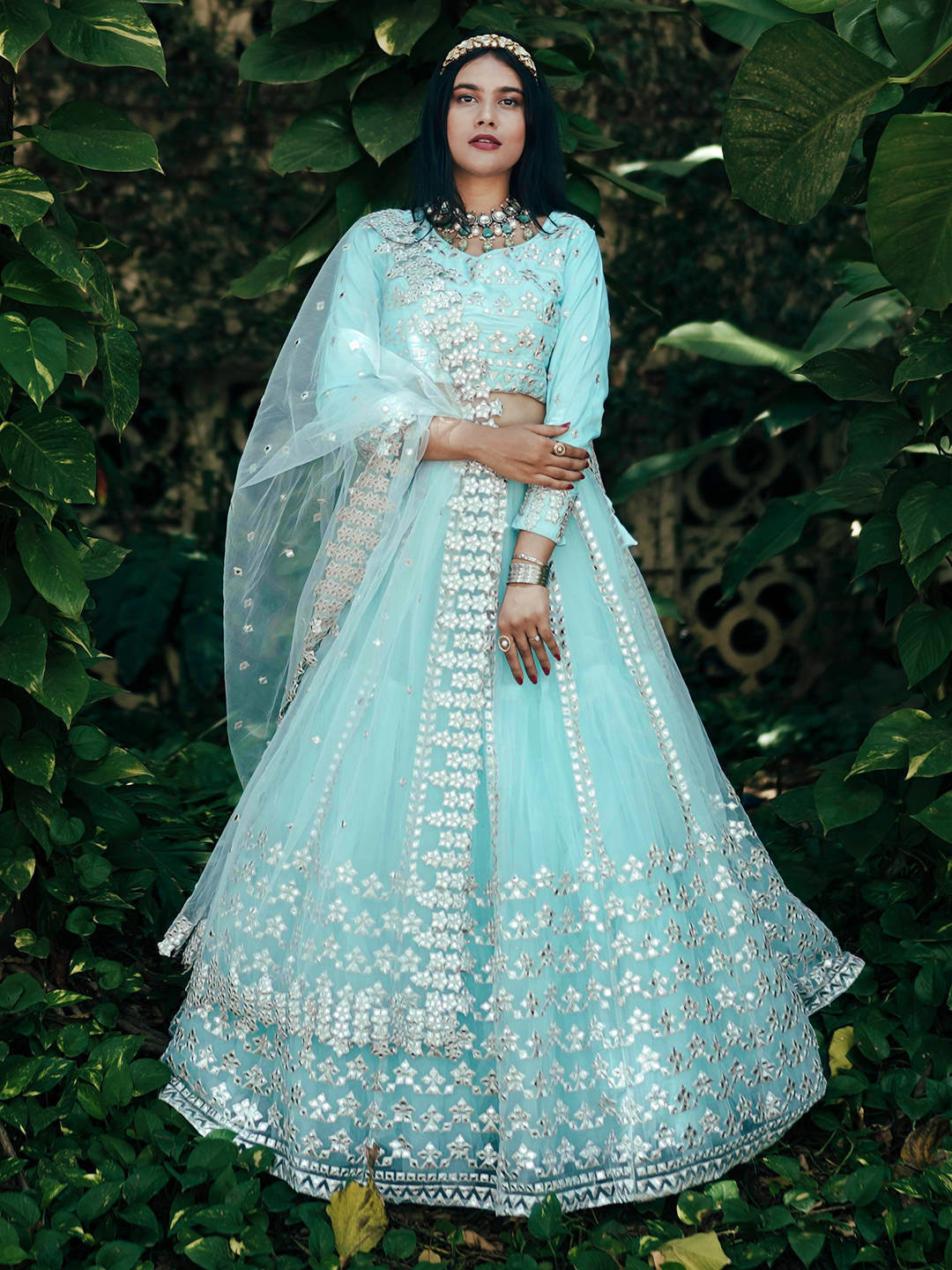 

FABPIXEL Embroidered Mirror Work Semi-Stitched Lehenga & Unstitched Blouse With Dupatta, Blue