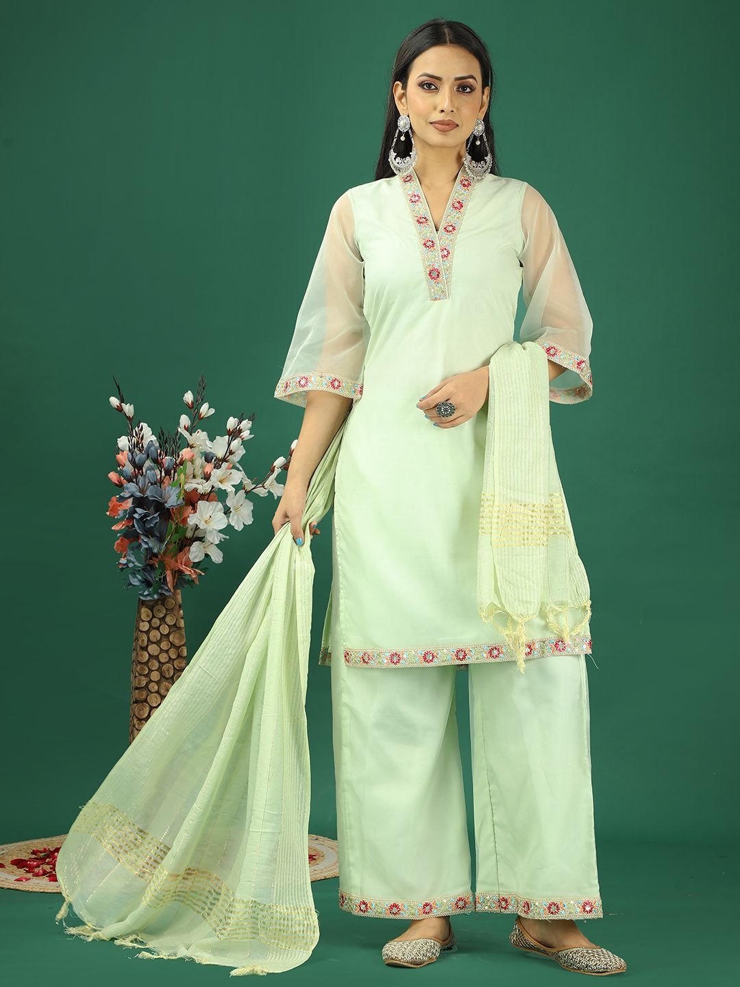 

Ethnovog V Neck Thread Work Organza Straight Kurta With Palazzo And Dupatta, Green