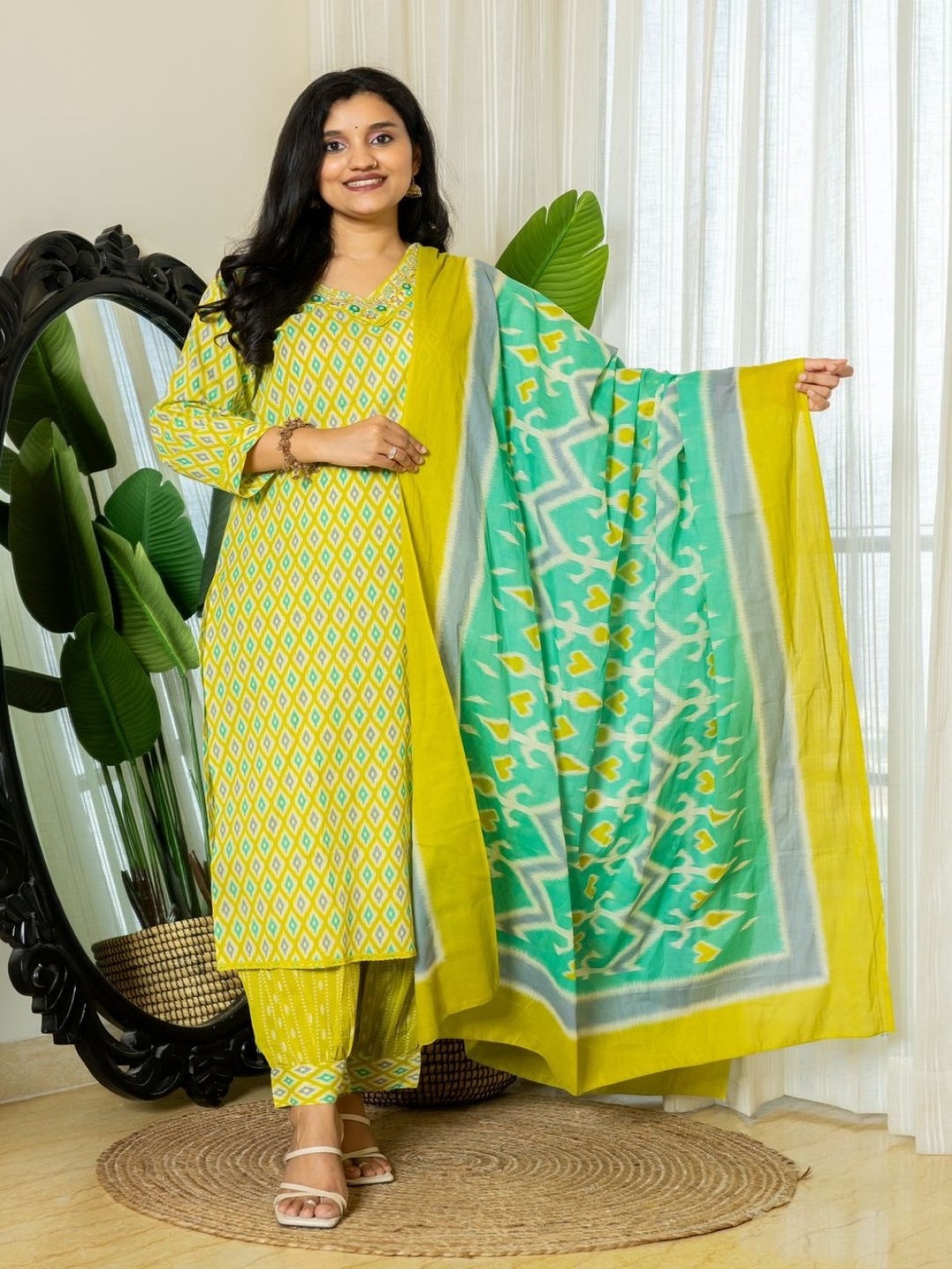 

KALINI Ethnic Motifs Printed Beads and Stones Kurta with Salwar & Dupatta, Green