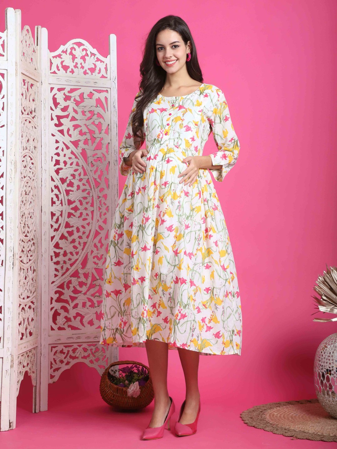 

Roly Poly Women Floral Printed Cotton A-Line Maternity Midi Dress, White