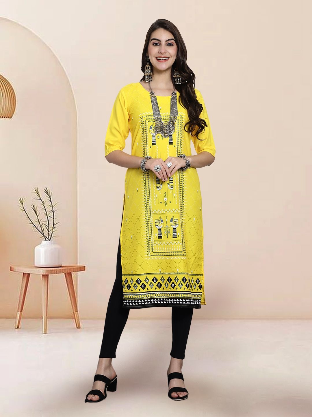 

7Threads Ethnic Motifs Printed Crepe Straight Kurta, Yellow