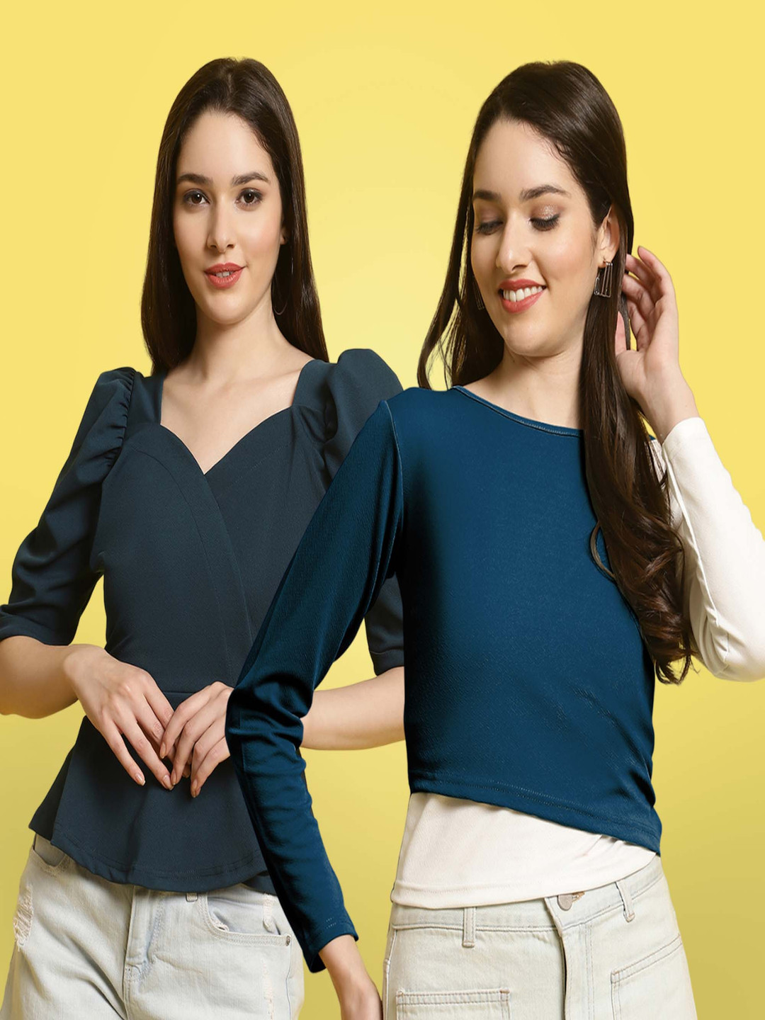 

Metronaut Women Pack Of 2 Solid Sweetheart Neck Short Sleeves Puff Sleeves Crop Tops, Multi