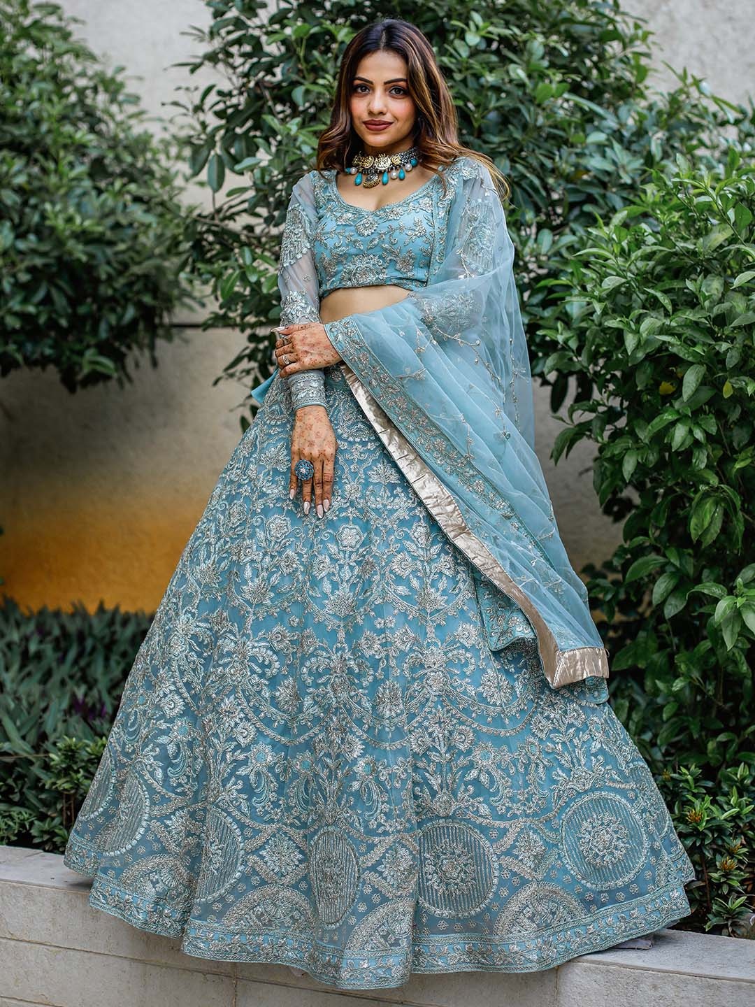

FABPIXEL Embroidered Zardozi Semi-Stitched Lehenga & Unstitched Blouse With Dupatta, Turquoise blue