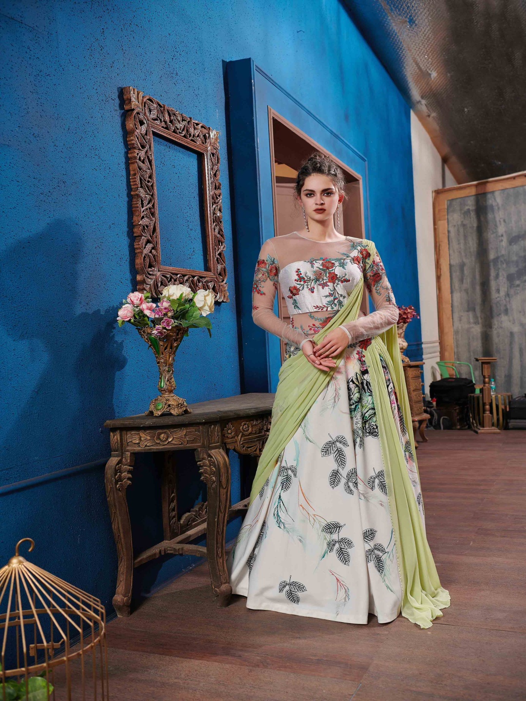 

SAPTRANGI Women Digital Printed & Embroidered Flared Maxi Gown, Green