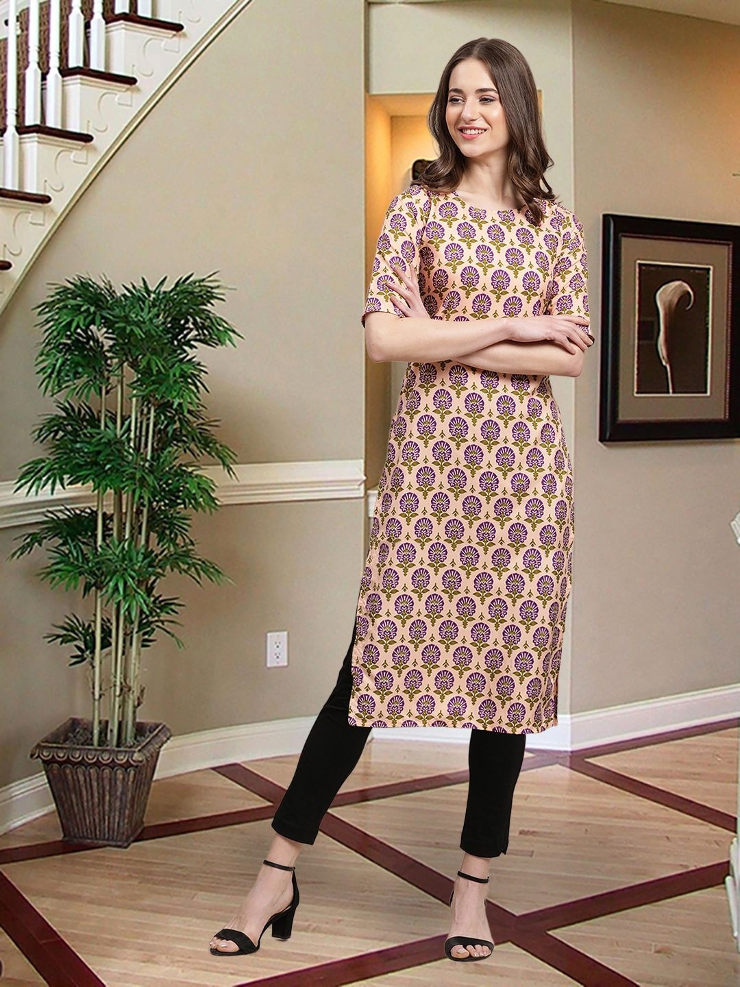 

7Threads Ethnic Motifs Printed Round Neck Straight Kurta, Beige