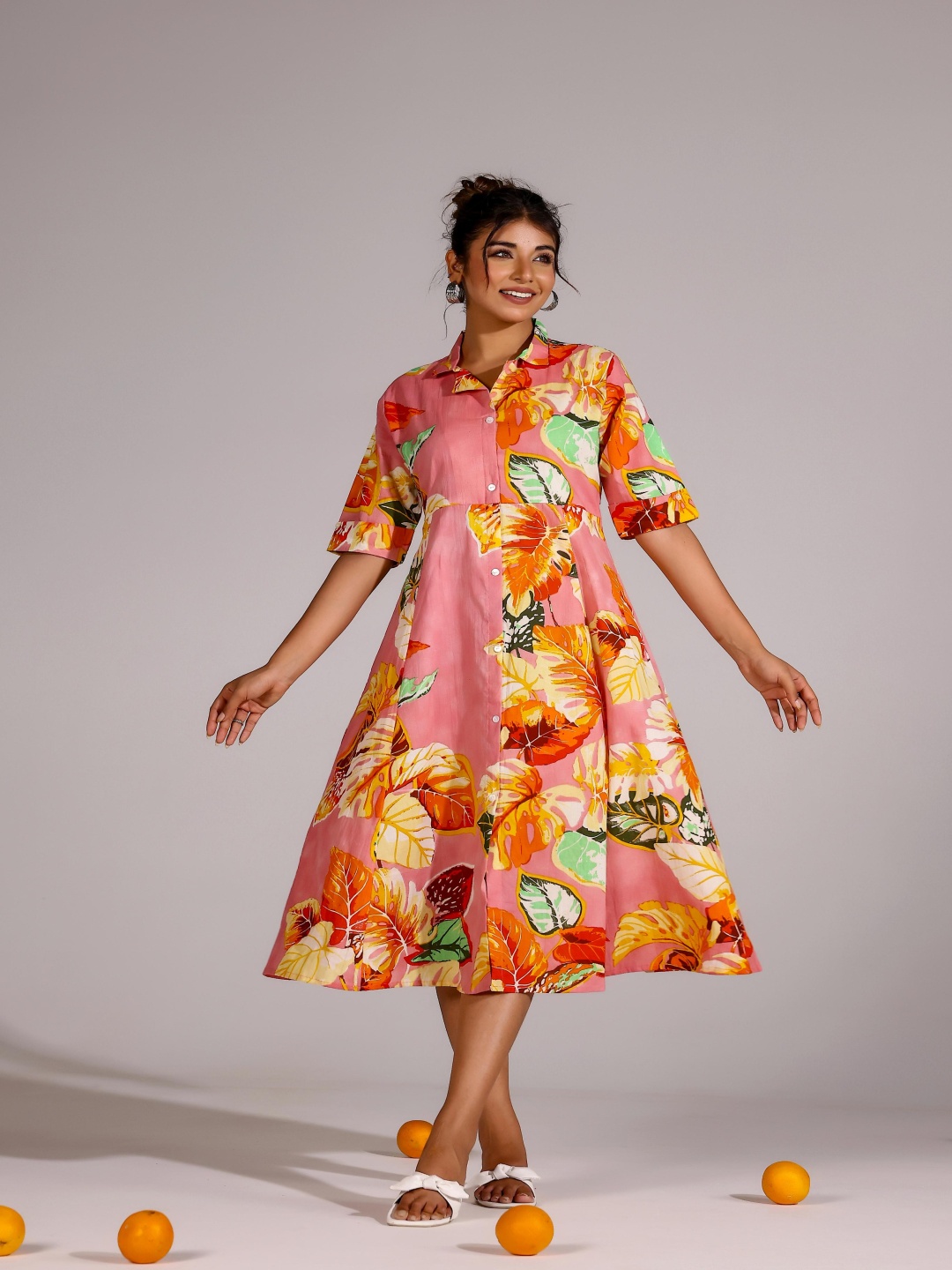 

FLAVIA CREATION Floral Printed Fit and Flare Midi Dress, Peach