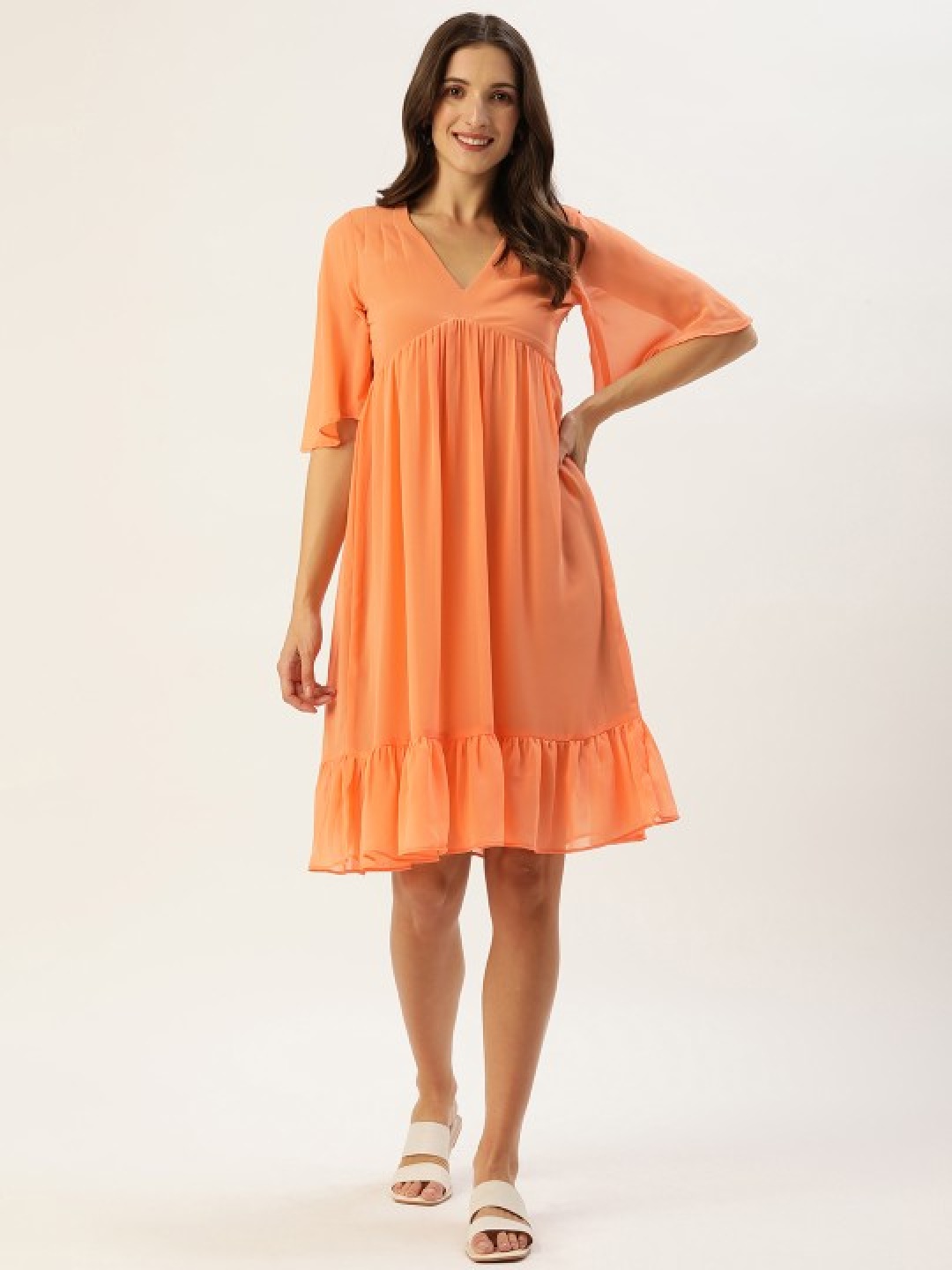 

MELOSO Bell Sleeve Georgette Fit & Flare Dress, Peach