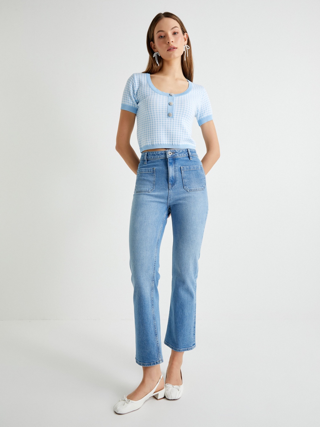 

Koton Women Checked Crop Pullover, Blue