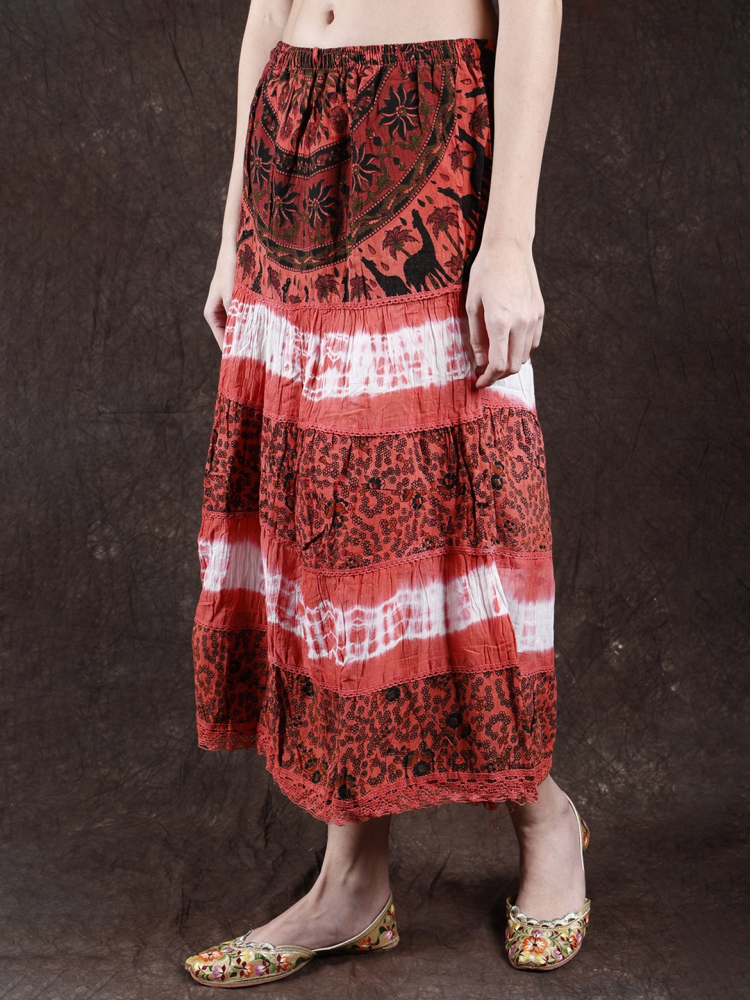 

Exotic India Batik-Dyed Printed Pure Cotton Midi Flared Skirt, Red