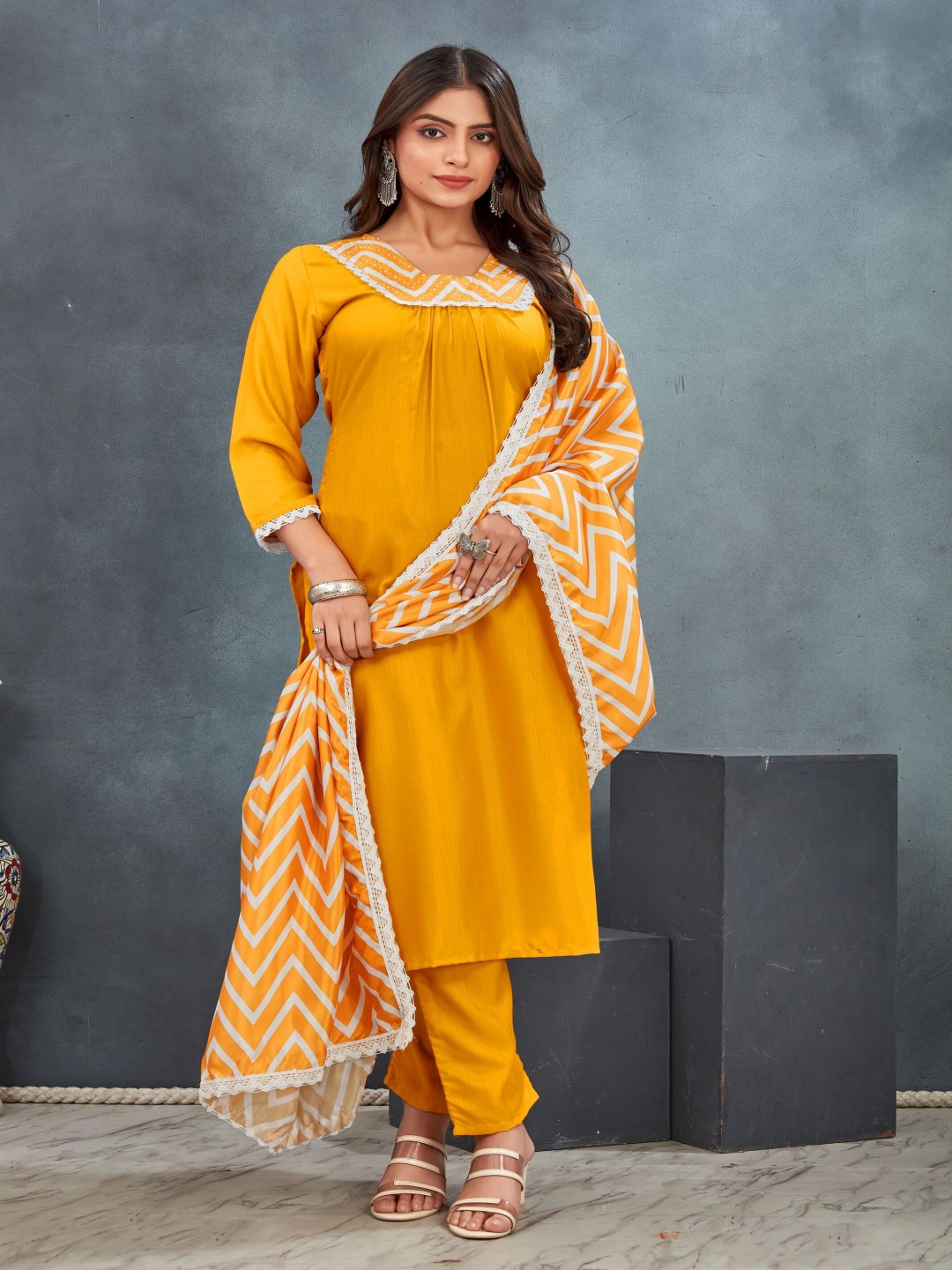 

VAAZI CREATOR Women solid Anarkali Kurta set with Trousers & With Dupatta, Yellow
