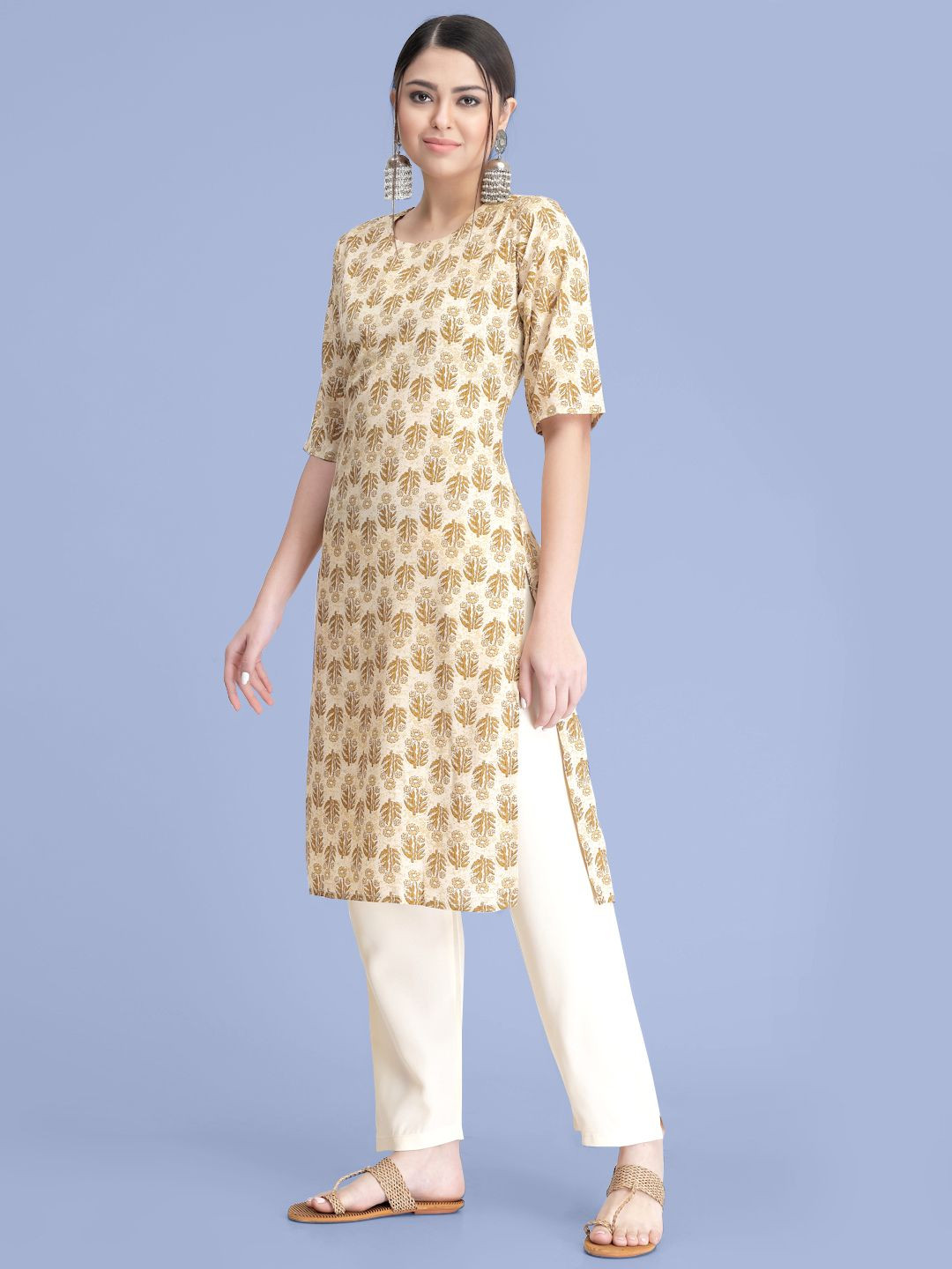 

7Threads Floral Printed Round Neck Regular Kurta with Trousers, Beige