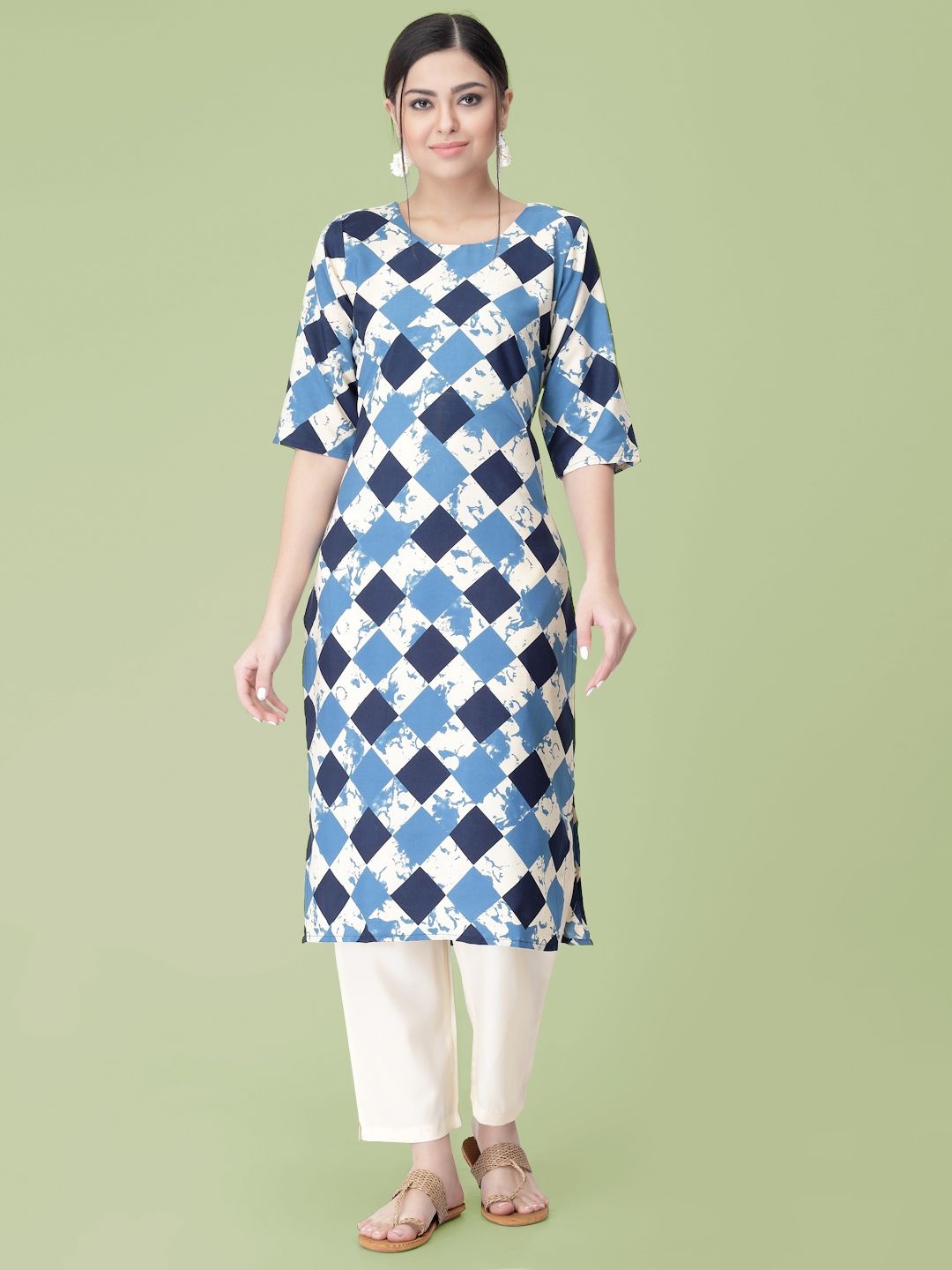 

7Threads Geometric Printed Round Neck Straight Kurta With Trouser, White