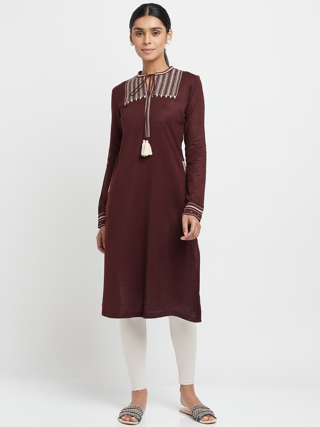 

W Striped Yoke Design Tie Up Neck Acrylic Straight Kurta, Brown