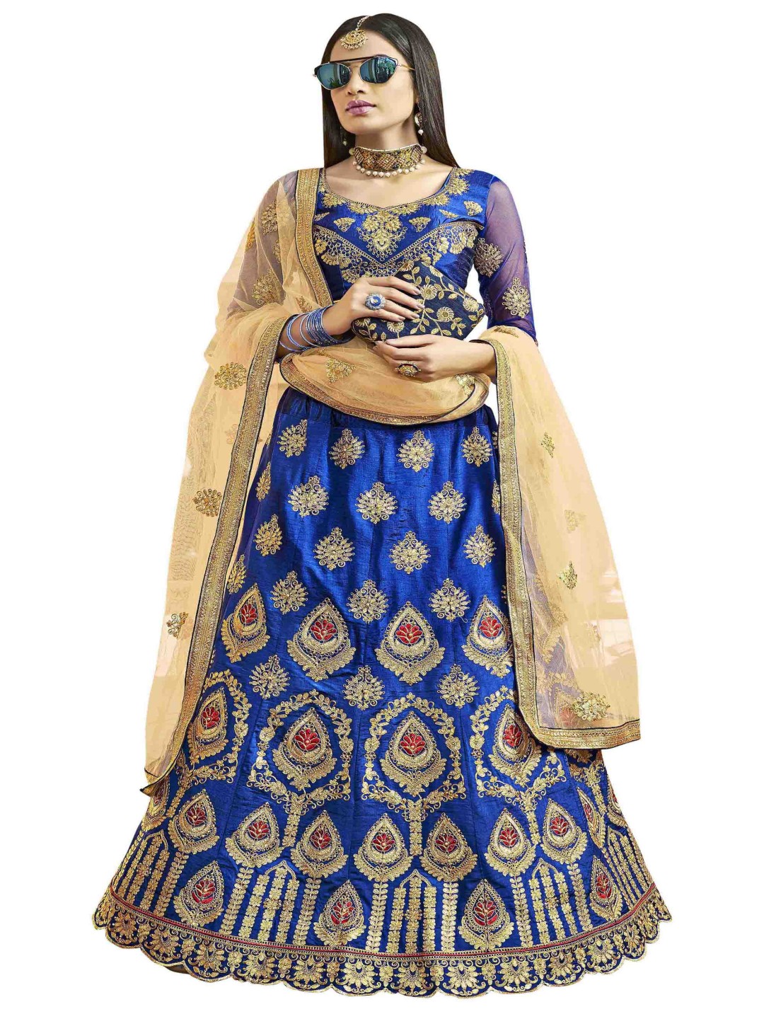 

Maroosh Embroidered Thread Work Unstitched Lehenga & Blouse With Dupatta, Blue