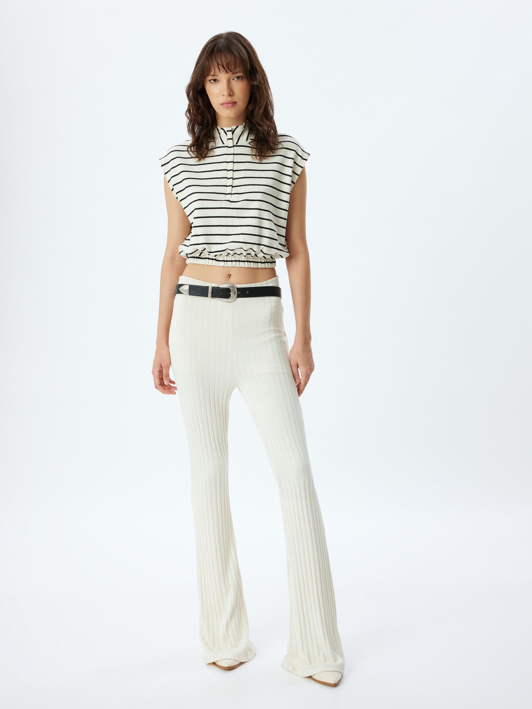 

Koton Women Pure Cotton Striped High Neck Crop Top, White
