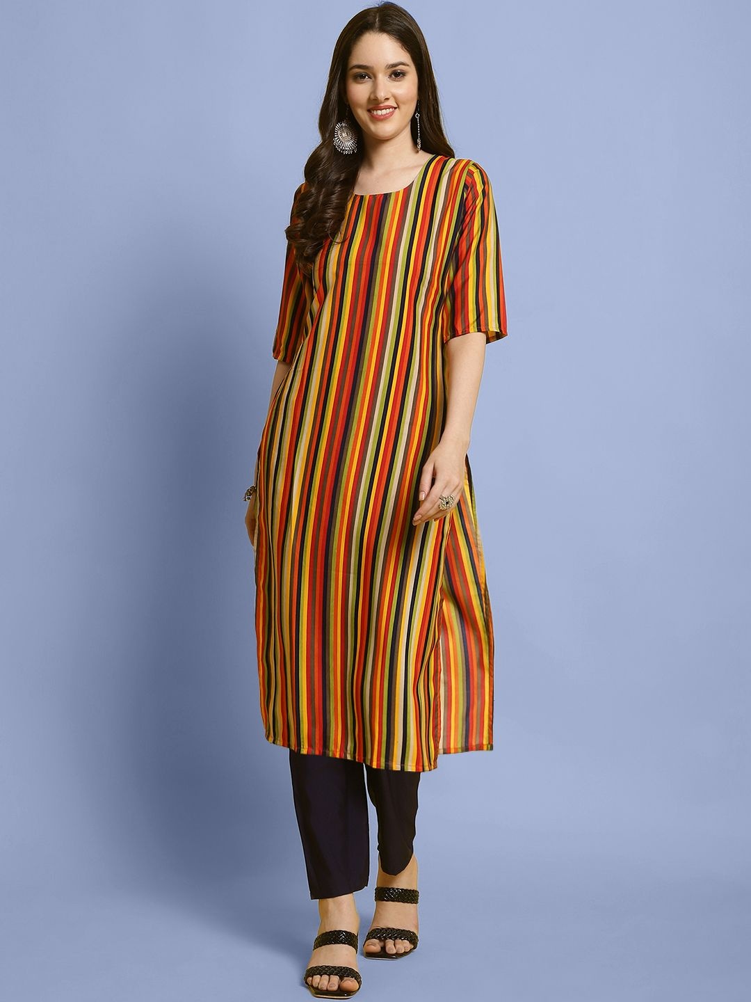 

7Threads Striped Printed Round Neck Straight Kurta With Trousers, Yellow