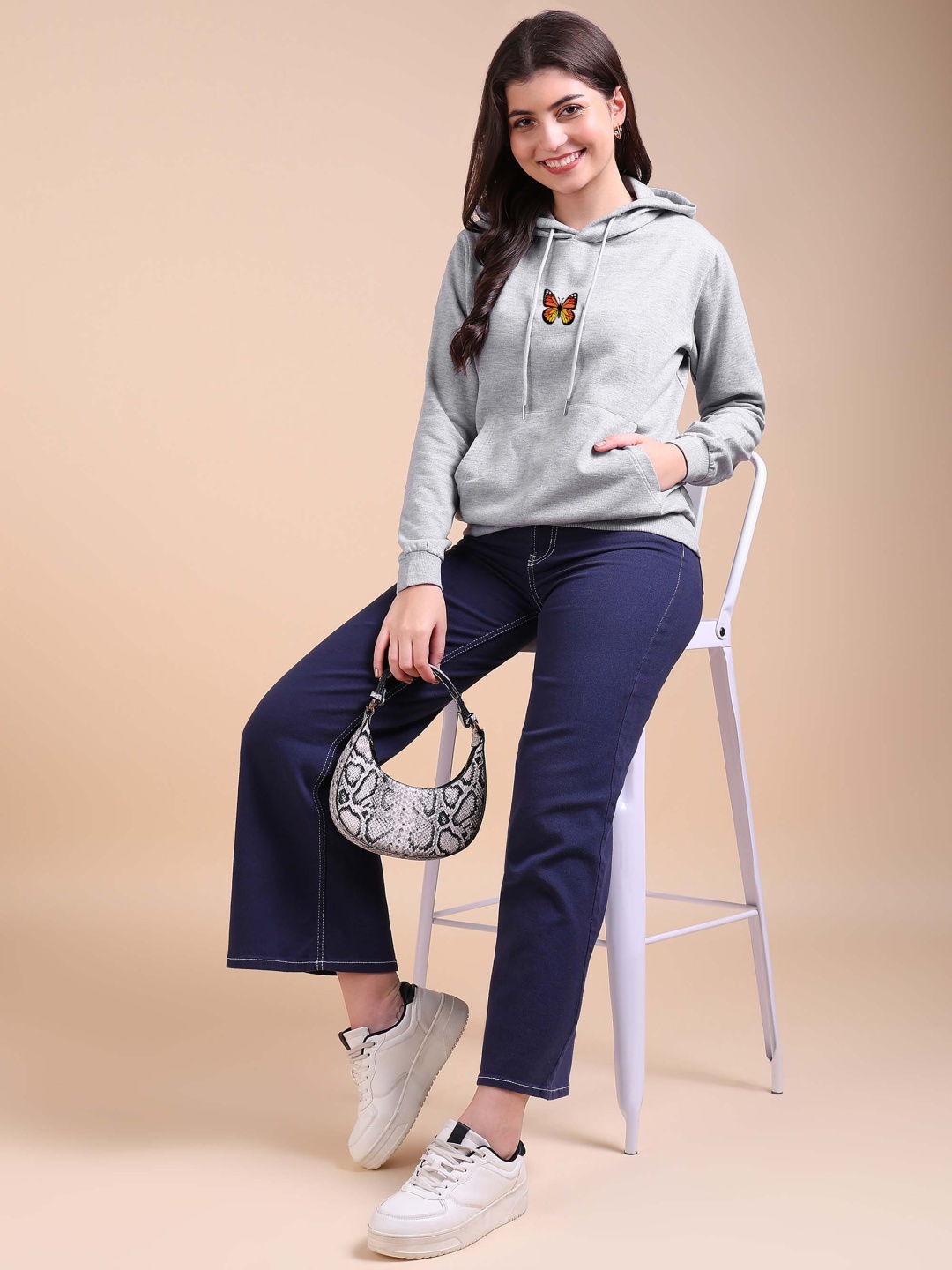 

Adyavastram Women Butterfly Appliqued Hooded Sweatshirt, Grey