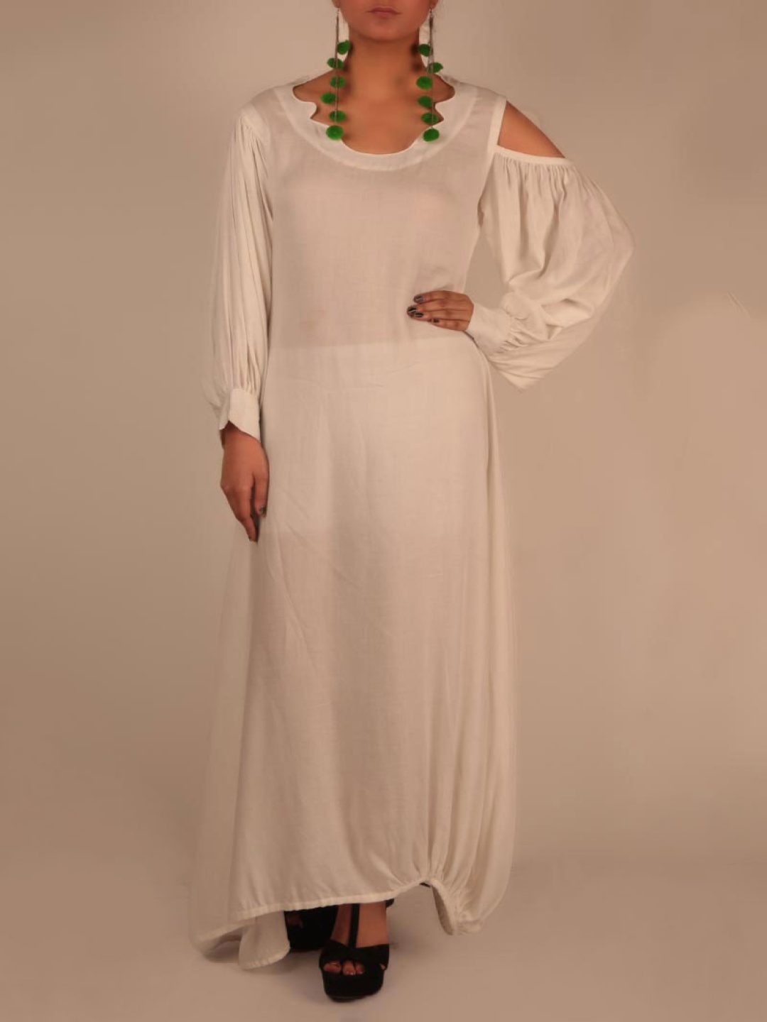 

TJORI Women Cotton Cuffed Sleeves Maxi Dress, White