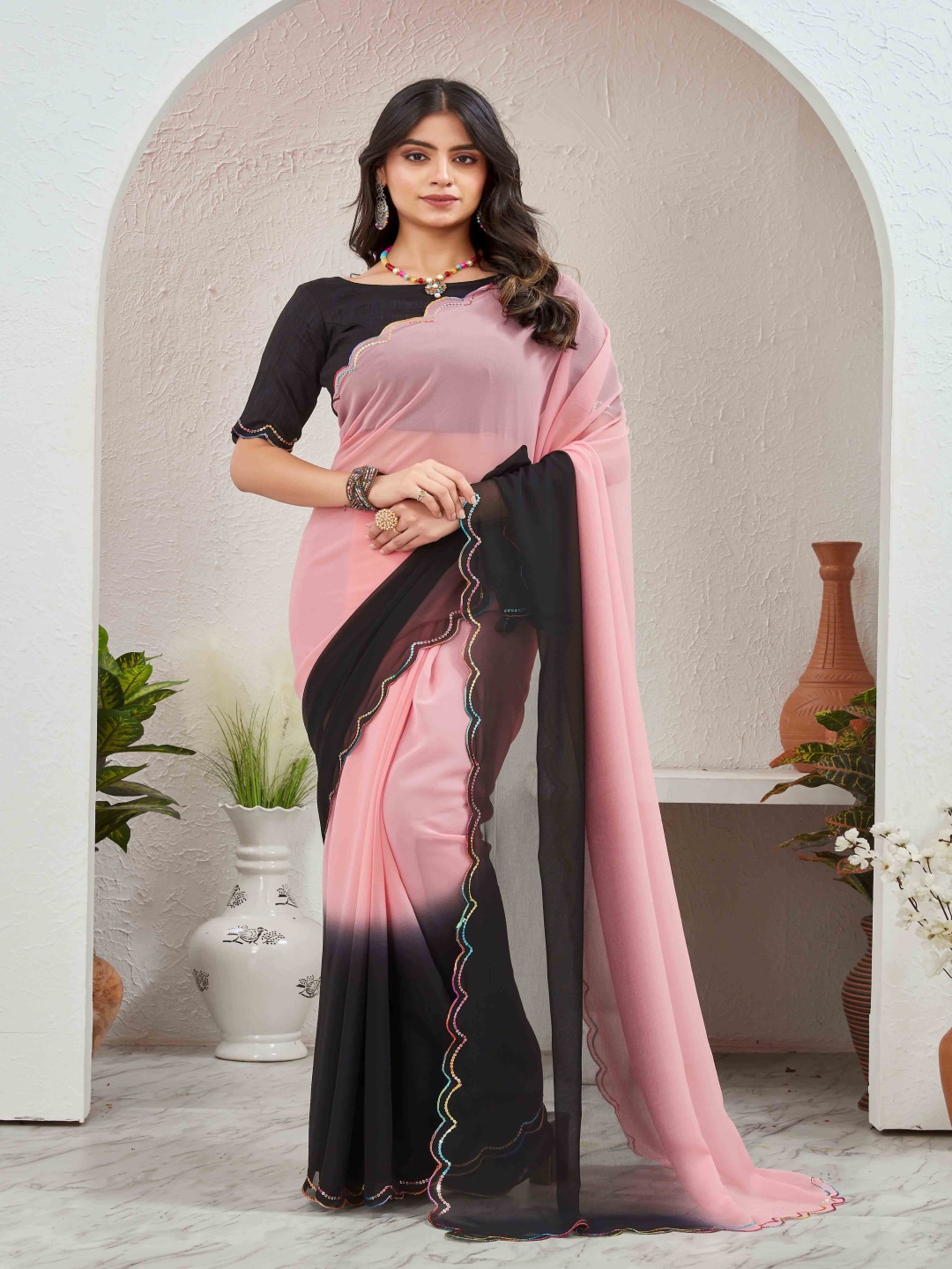 

Globon Impex Dyed Ombre Sequinned Saree, Black