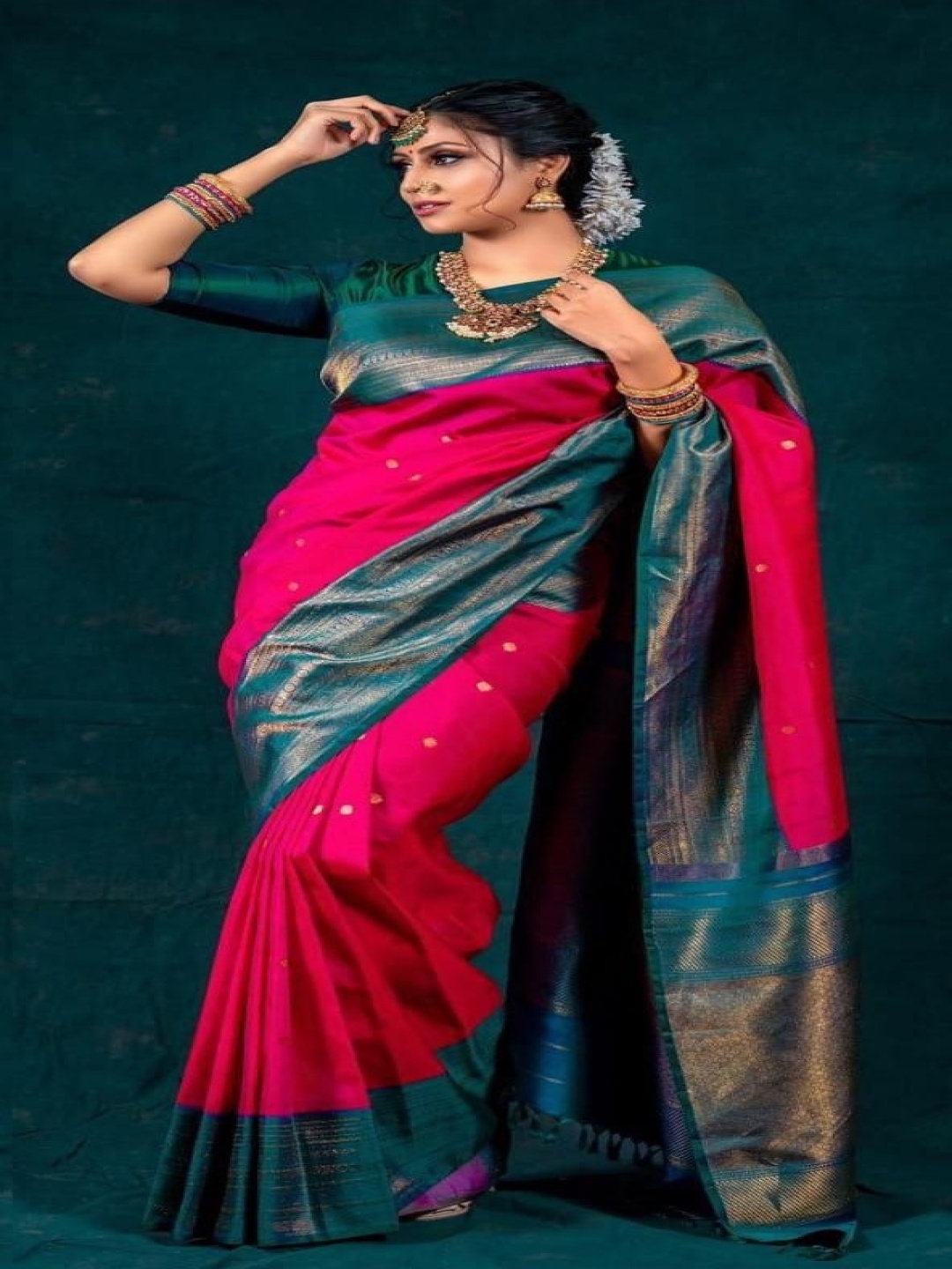 

LeeliPeeri Designer Floral Zari Silk Cotton Saree, Pink