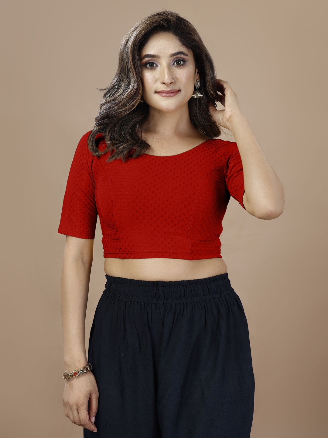 

Oomph! Non Padded Woven Design Round Neck Saree Blouse, Red