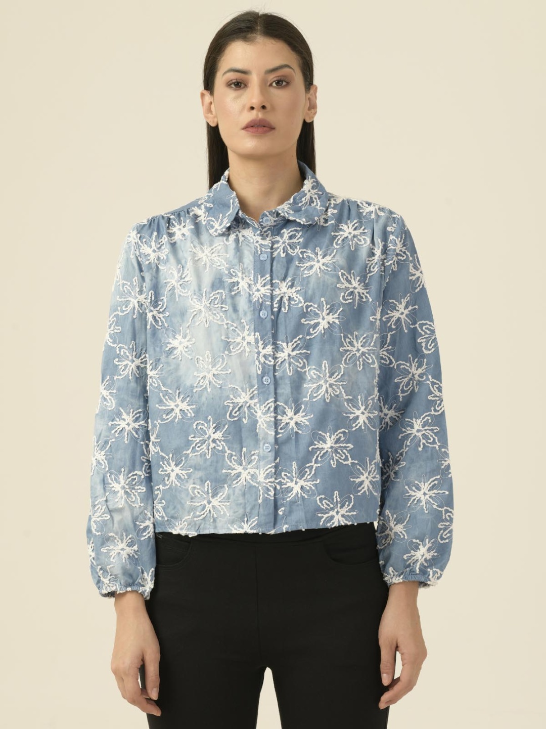 

Albion By CnM Women Embroidered Spread Collar Puff Sleeve Casual Shirt, Blue