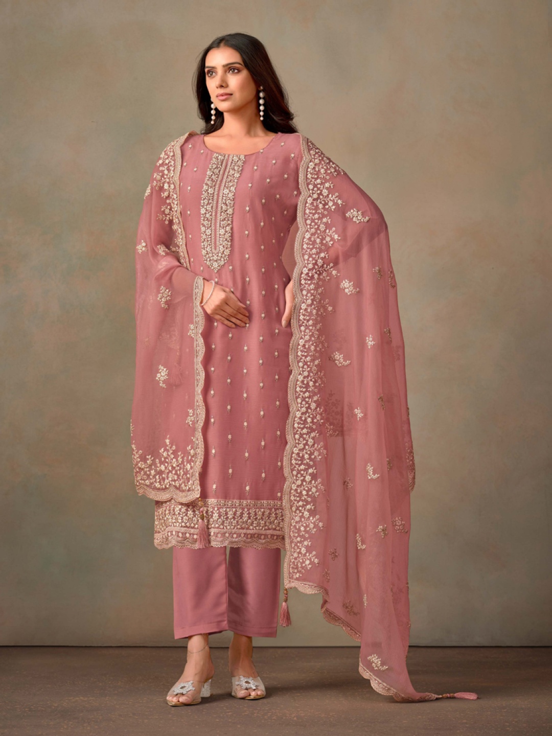 

ASISA Floral Embroidered Thread Work Organza Straight Kurta With Trousers & Dupatta, Pink