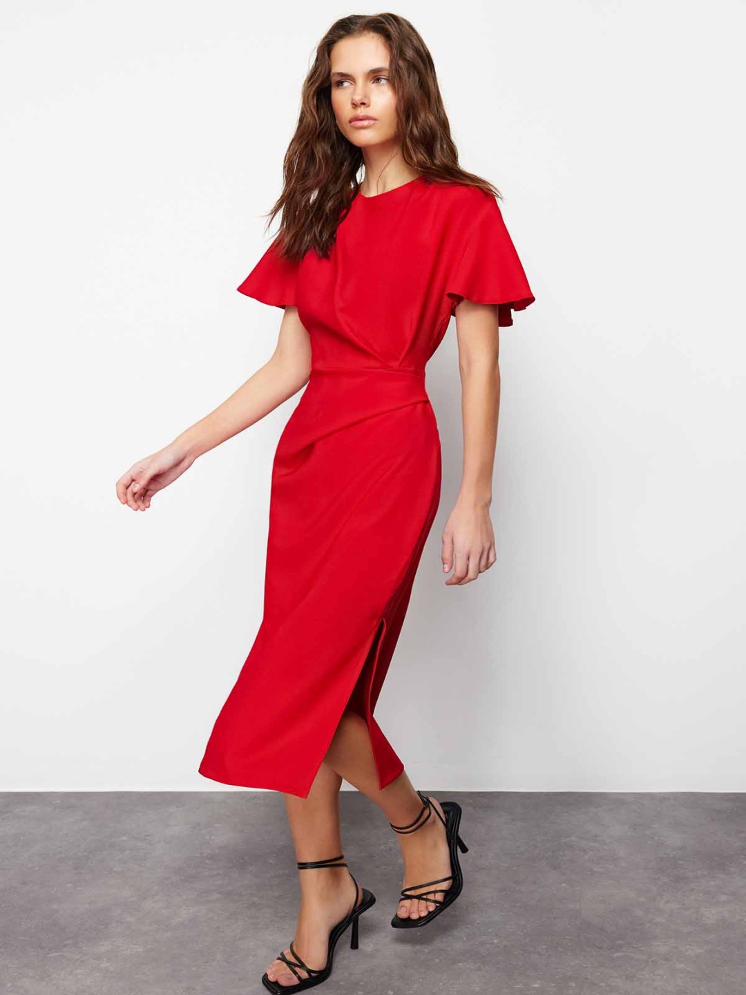 

Trendyol Women Flared Sleeve Sheath Midi Dress, Na