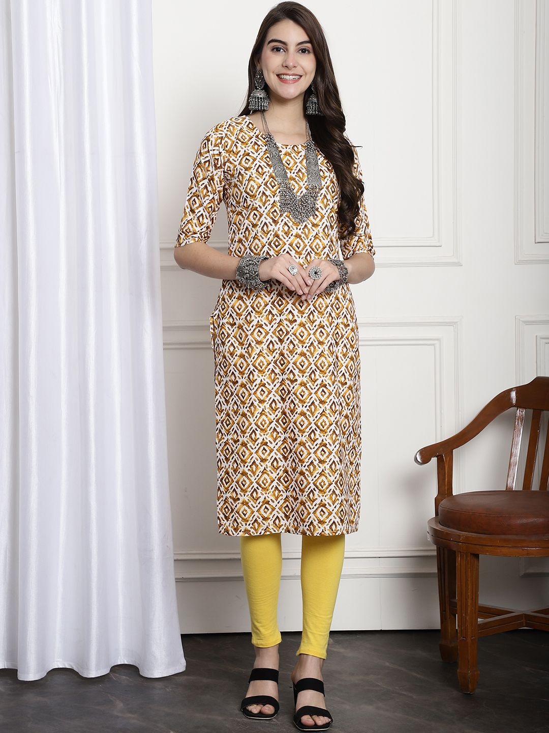 

7Threads Set Of 6 Geometric Printed Round Neck Machine Weave Straight Kurta, Yellow