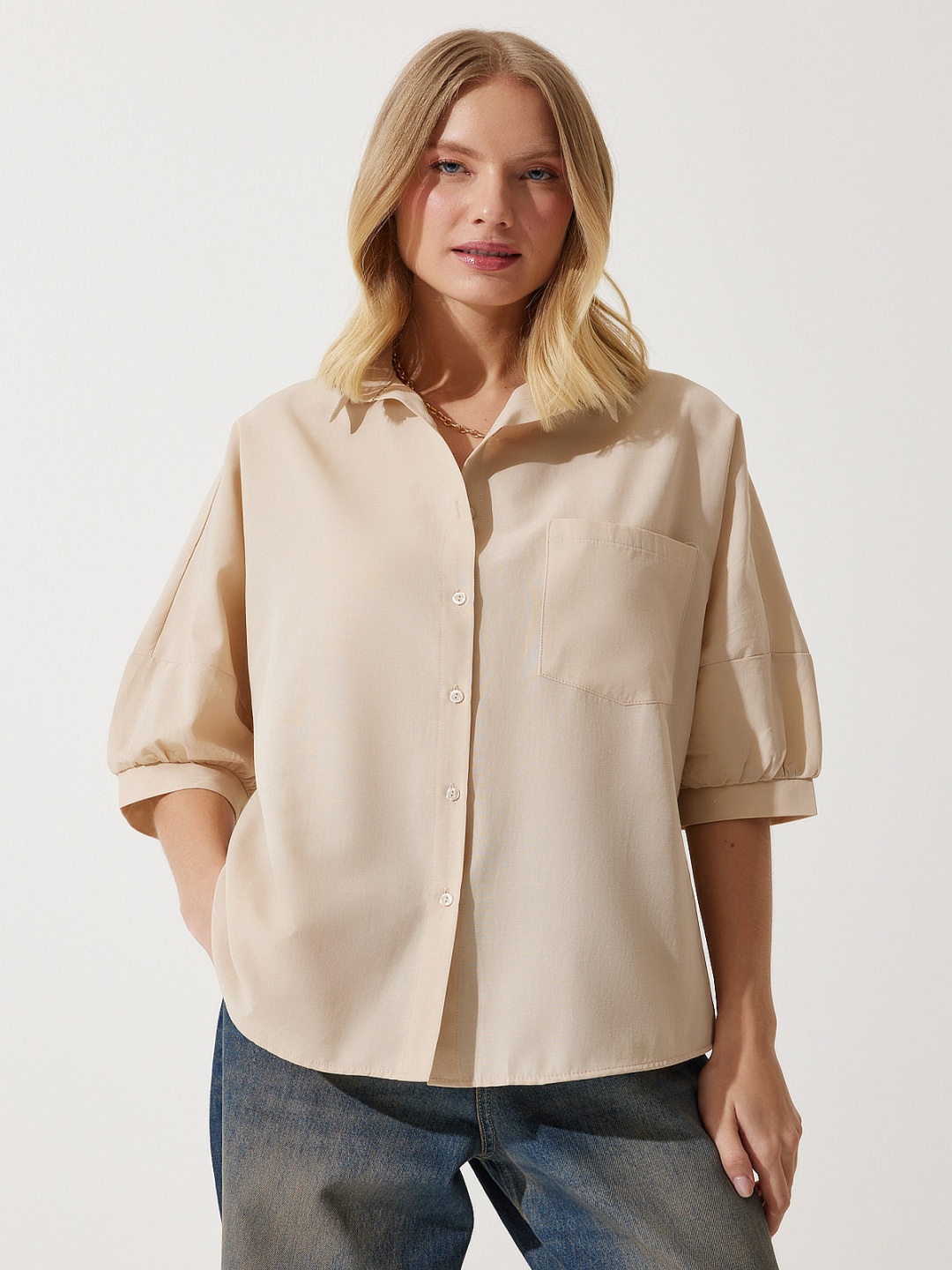 

Happiness istanbul Spread Collar Casual Shirt, Beige