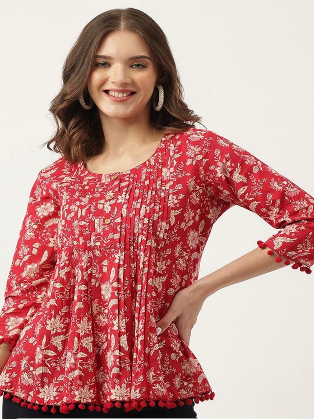 

AAFAMI Women Floral Printed Cotton Top, Red