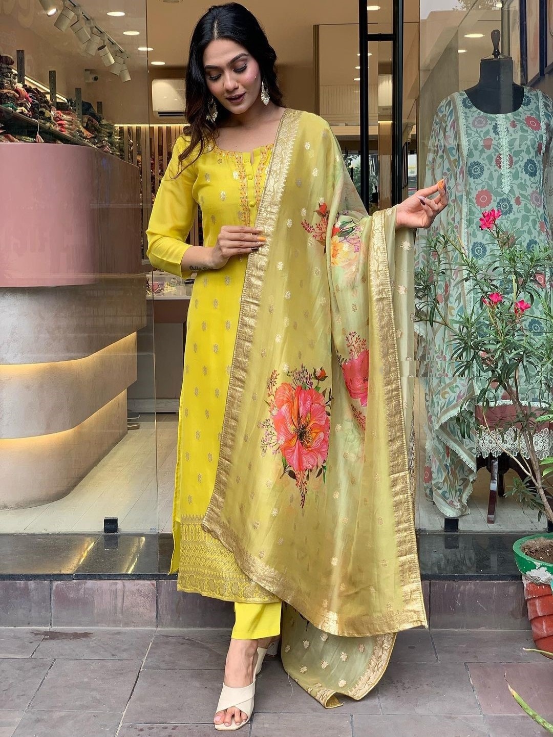 

KALINI Floral Woven Design Zari Straight Kurta With Trousers & Dupatta, Yellow