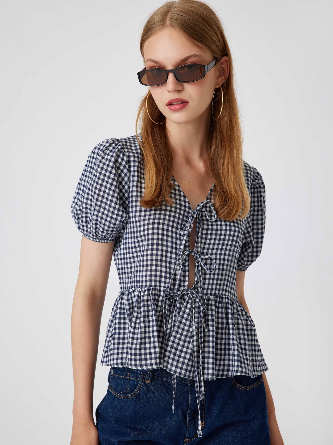 

Koton Checked Puff Sleeve Peplum Top, Navy blue