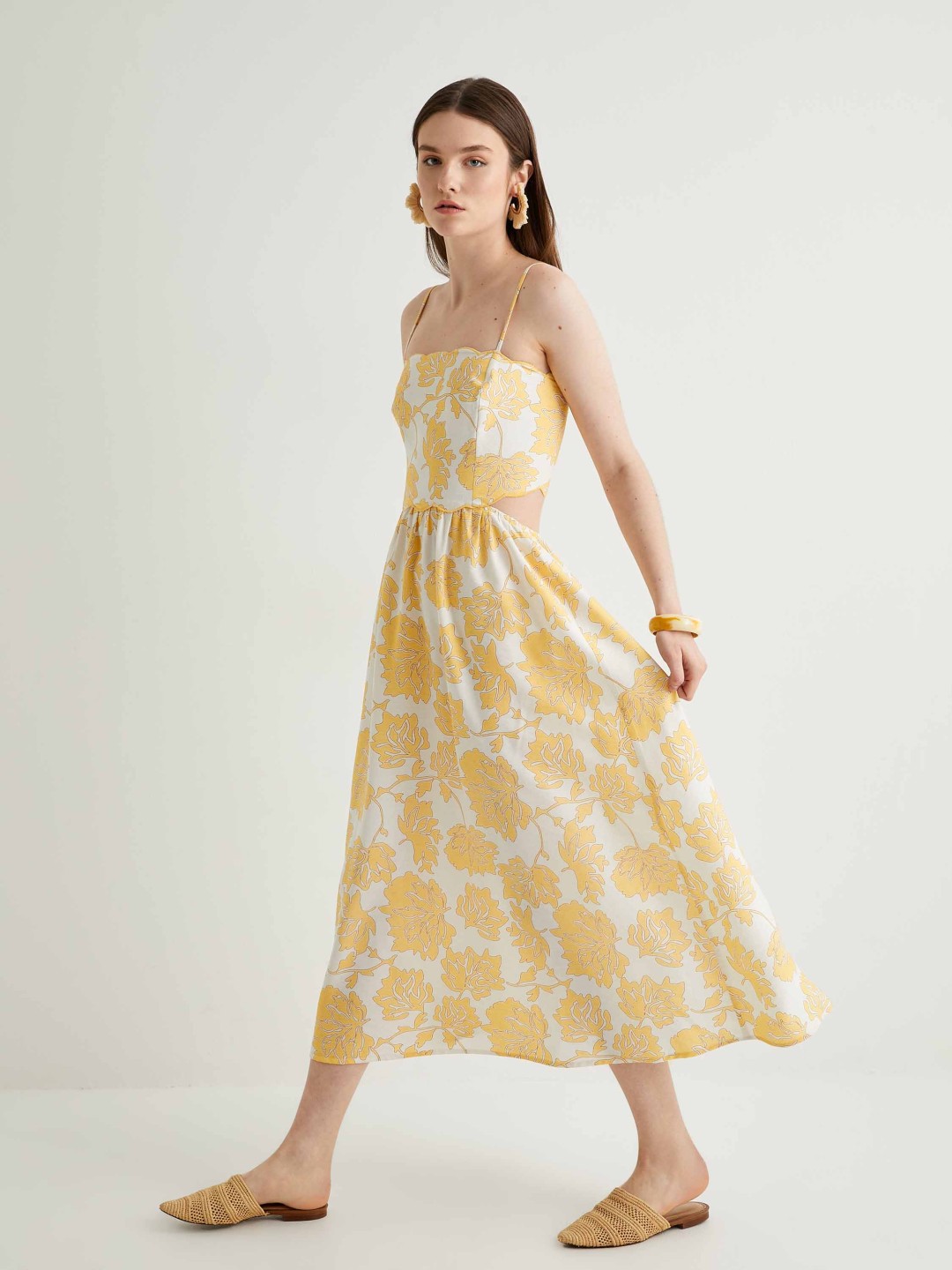 

Koton Women Square Neck Shoulder Straps Abstract Printed Cut-Outs Fit & Flare Midi Dress, Orange